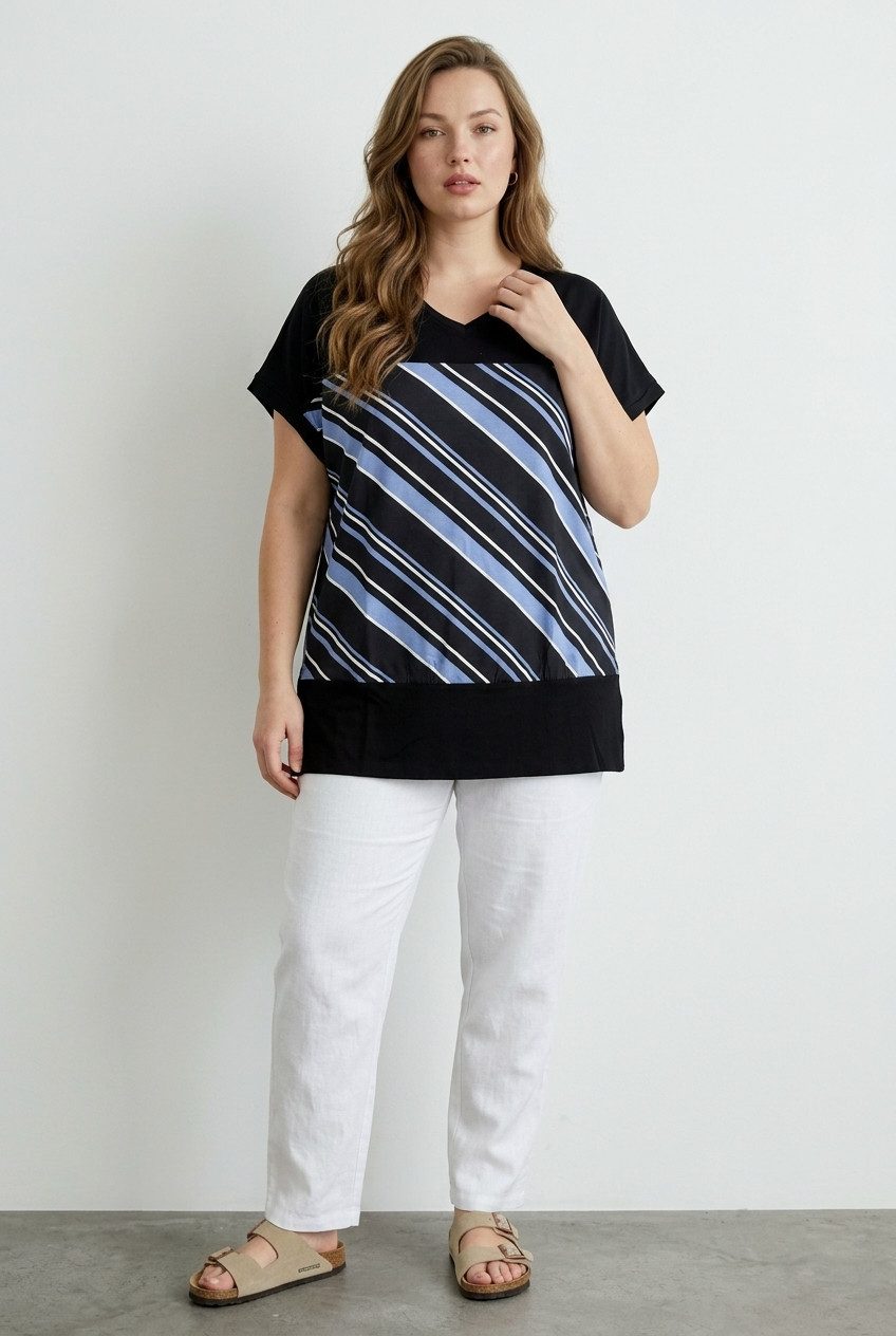 Stil Diva T-Shirt Übergrößen V-Ausschnitt Streifen T-Shirt