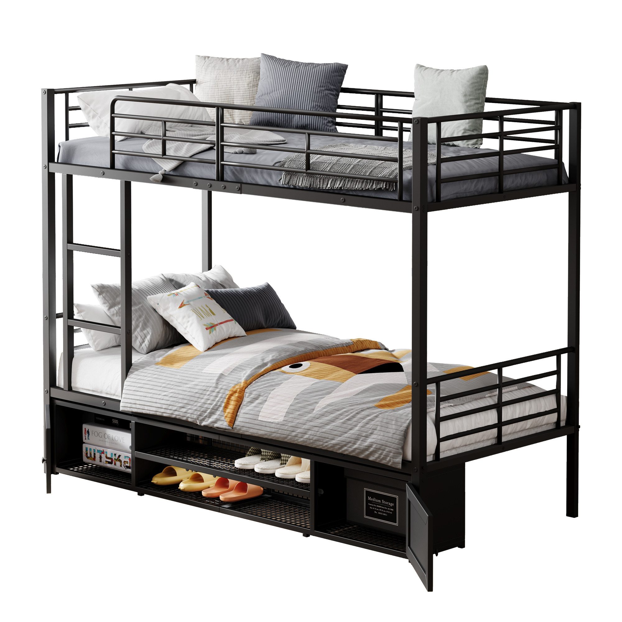 REDOM Etagenbett Metallbett Kinderbett MetallbettEisenrahmenbett mit Dach und Fenster (Geeignet für Kinder und Jugendliche, mit Seitenleiter, mit Fallschutzgitter, 90x200cm), ohne Matratze