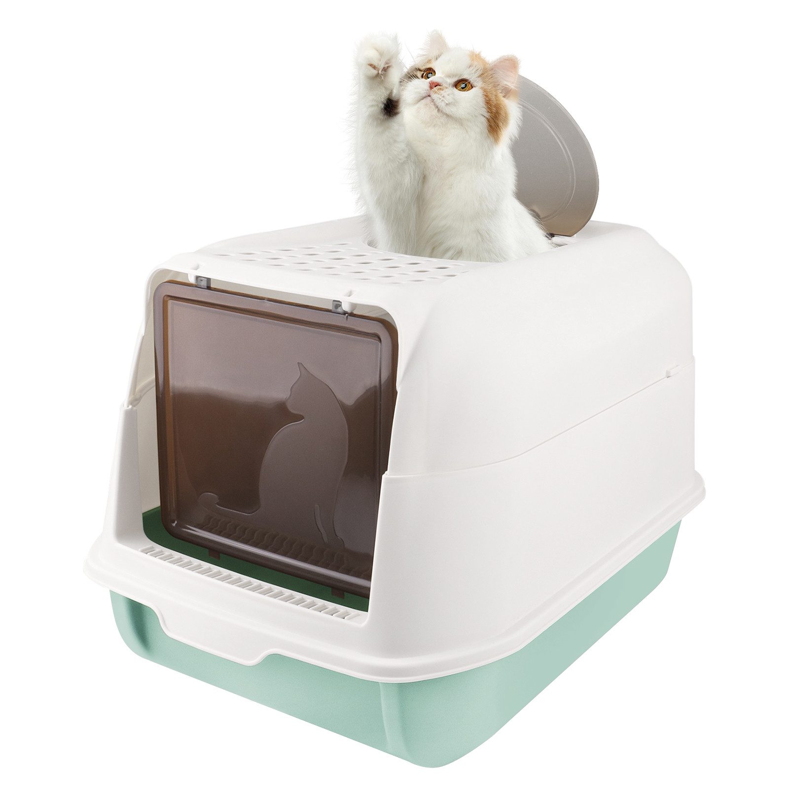 JEOBEST Katzentoilette Katzenklo mit Schaufel, Toilet, Offene Toilette - HellBlau Bodenschale, Hoher Abnehmbarer Rand, Für große Katzen, Kätzchen 36 x 51 x 34cm