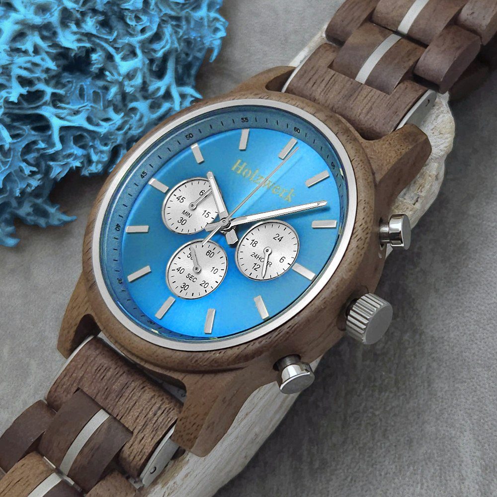 Holz silber, Chronograph SOLTAU Uhr, Herren braun, Armband blau Holzwerk