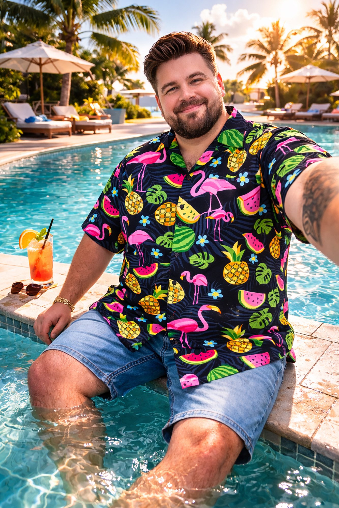 King Kameha Hawaiihemd Flamingo Melone Übergrößen 7XL-12XL Sommerhemd Kurzarm Front-Tasche