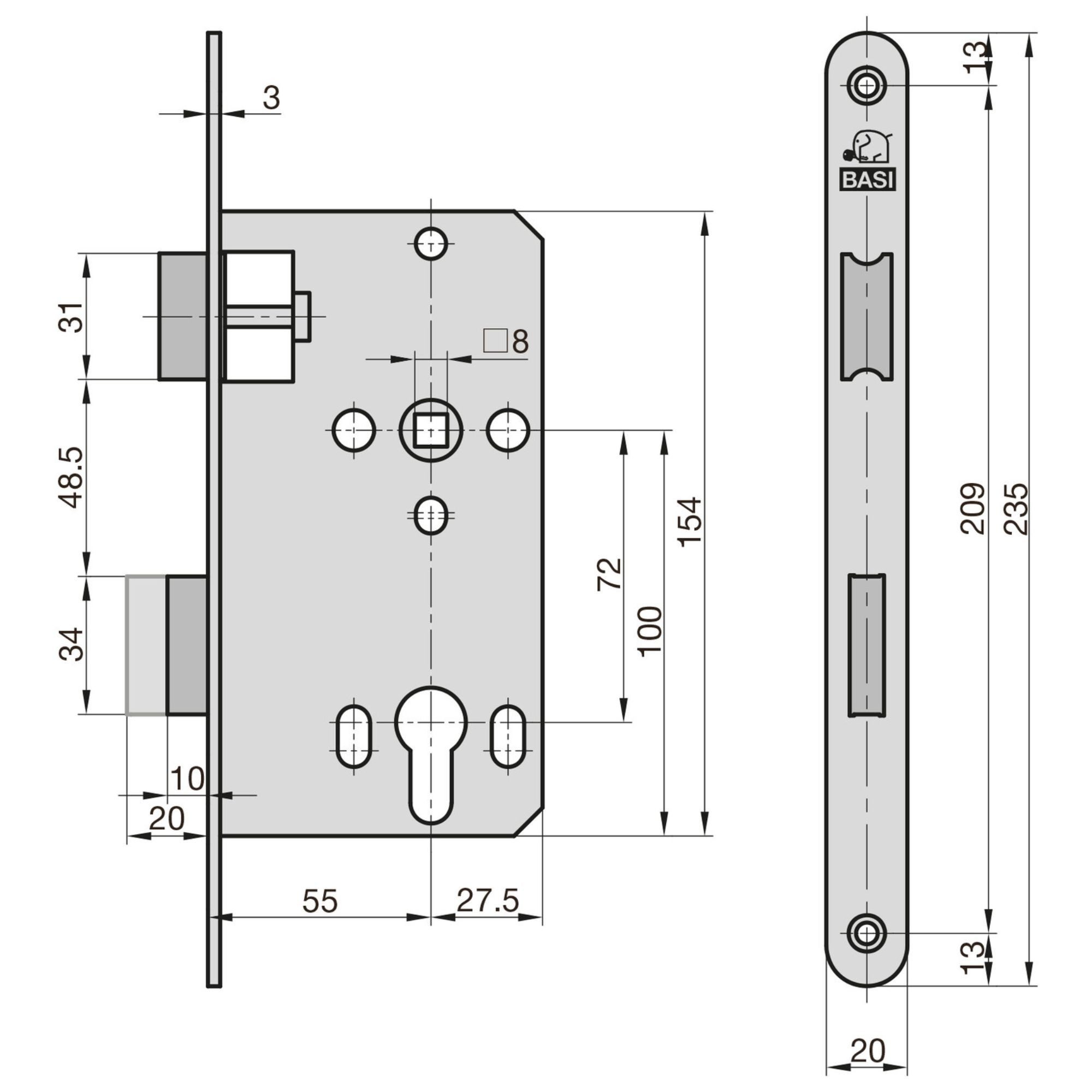 BASI Einsteckschloss Zimmertürschloss mit PZ-Lochung 72/8 mm, Dorn 55mm, Dornmaß 55 mm, Spar-Set, 2er Set, PZ Wechsel, DIN R/L, Rundstulp Edelstahl