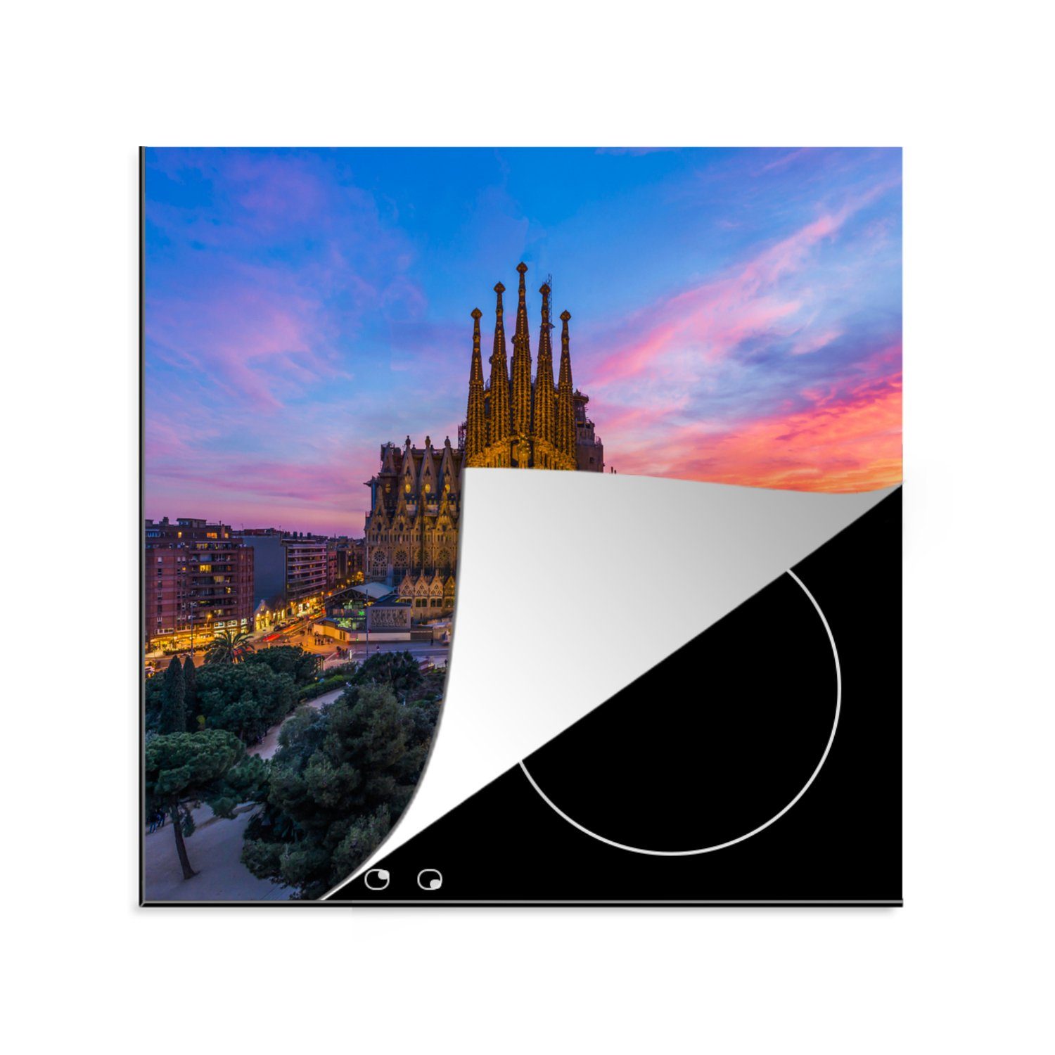 küche 78x78 Sagrada Barcelona MuchoWow Vinyl, - Arbeitsplatte (1 tlg), Ceranfeldabdeckung, Spanien, für - Familia cm, Herdblende-/Abdeckplatte