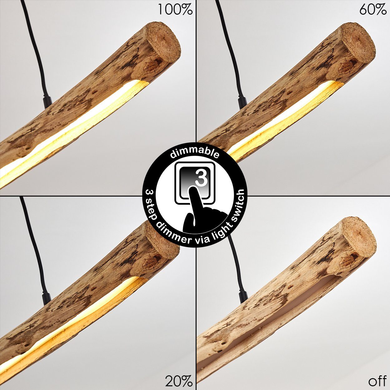 hofstein Pendelleuchte »Licata« dimmbare Hängelampe aus Metall/Holz in Schwarz/Natur, 3000 Kelvin, Holzbalken, 1245 Lumen, dimmbar o. Zubehör über Lichtschalter
