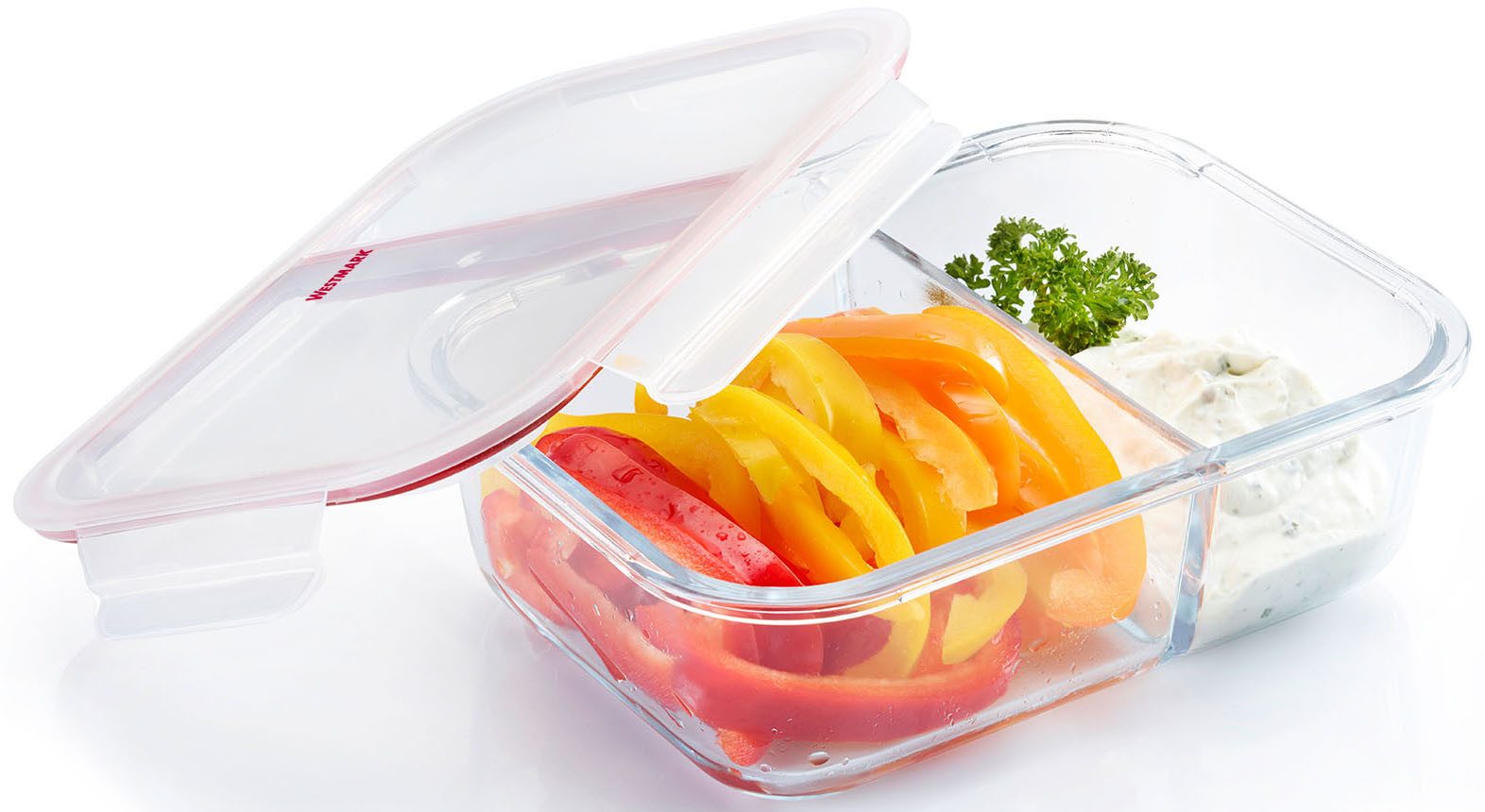 WESTMARK Frischhaltedose Glas-Frischhaltedose 570 ml, mit 2 separaten Fächern, Borosilikatglas, Polyprophylen (PP), Silikon, (1-tlg), mikrowellen- und ofenfest, 570 ml = 350 + 220 ml
