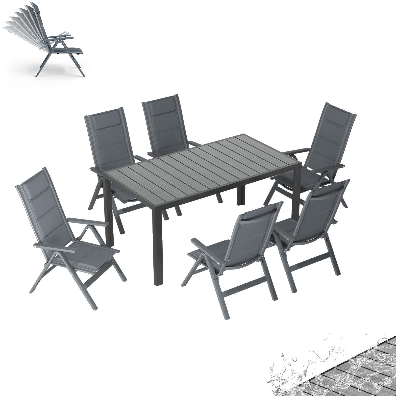 HOMALL Garten-Essgruppe Gartenmöbel Set aus klappbarer Armlehnstuhl und Aluminium Gartentisch, (7-tlg., 6 Klappstuhl (bis 160kg), 1Tisch (bis 100kg), Aluminium, – Bild 2 von 5