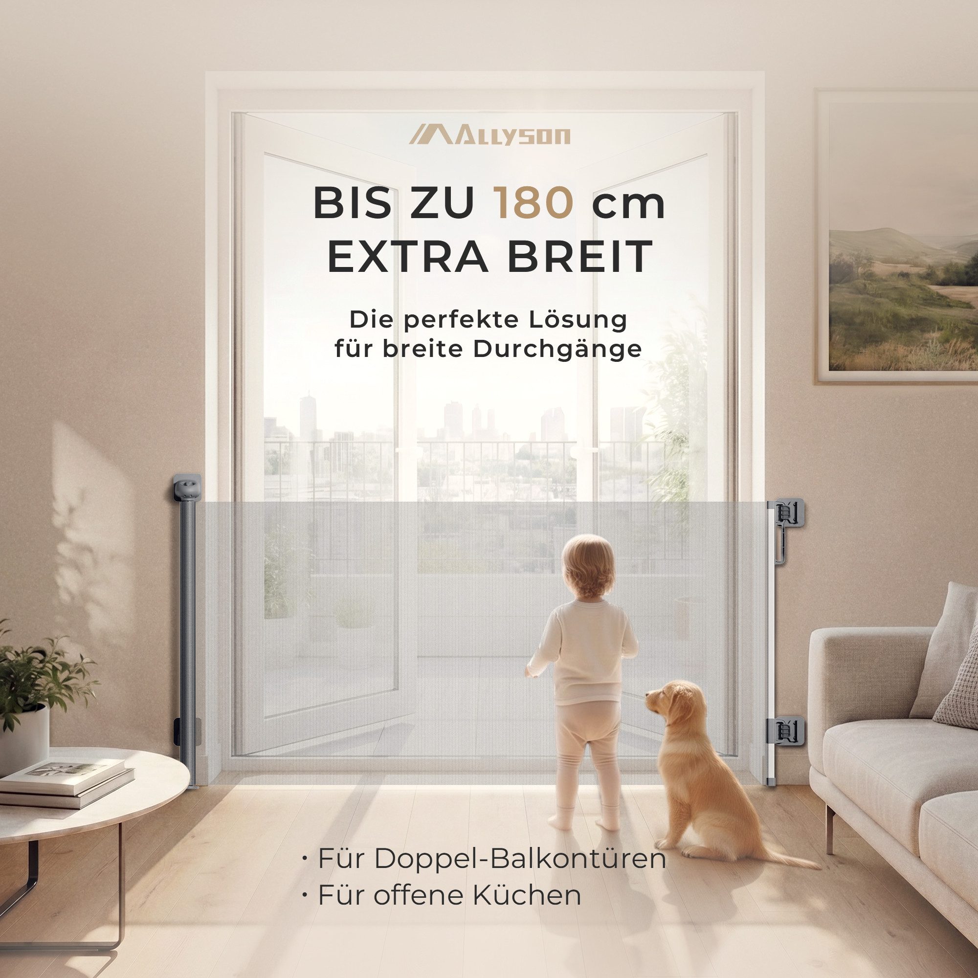 Allyson Treppenschutzgitter Türschutzgitter Ausziehbar, Tür & Treppengitter für Kinder & Haustiere (Inklusive Befestigungsmaterial für zwei unterschiedliche Positionen), Platzsparend ausziehbar bis 180cm, robustes PVC-Netz für Kind & Hund