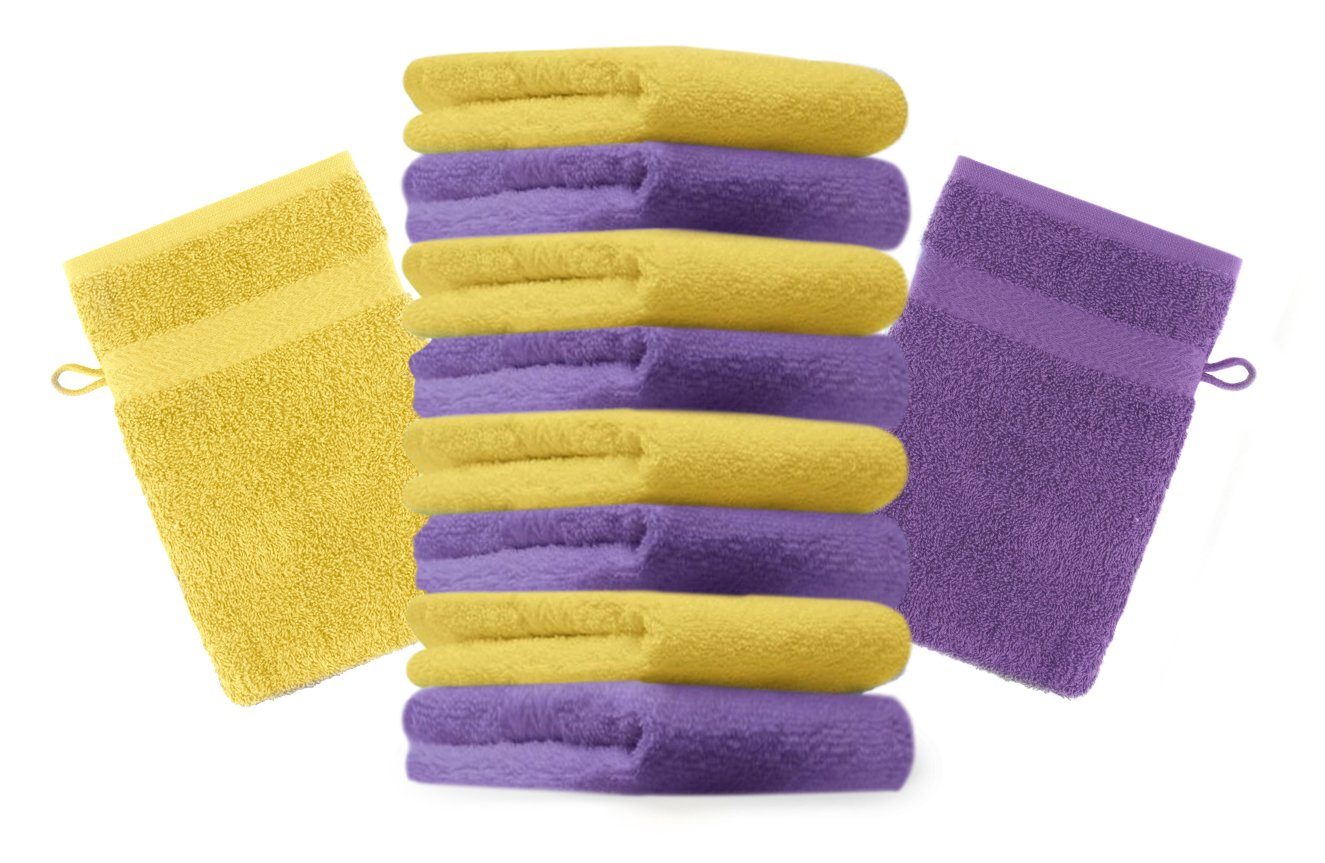 Betz Waschhandschuh 10 Stück Waschhandschuhe Premium 100% Baumwolle Waschlappen Set 16x21 cm Farbe lila und gelb