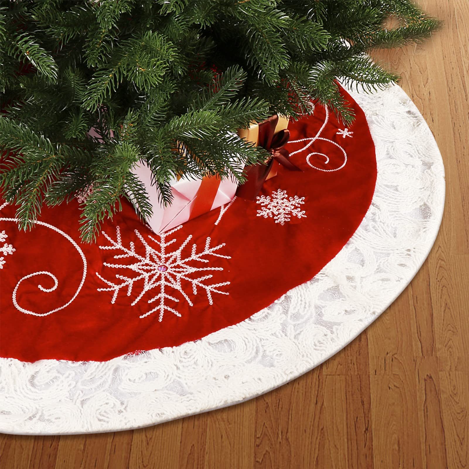 LBLA Baumteppich Weihnachtsbaumrock aus hochwertigem Samt, 48 Zoll/120 cm, Rund, mit Schneeflockenmuster, Dekoration für Weihnachten