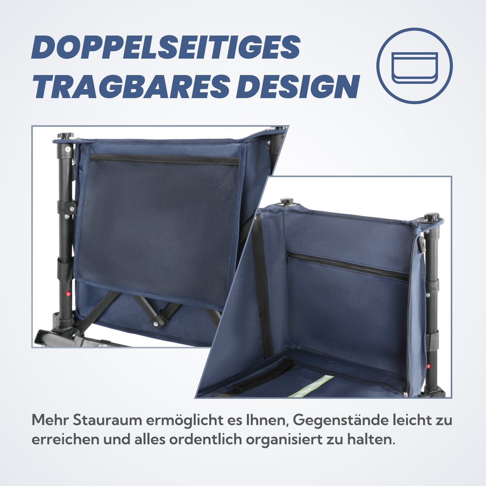 HOMECALL Bollerwagen Faltbar Handwagen Transportwagen klappbar Einkaufstrolley (Erweiterbare Kapazität mit zwei Aufbewahrungstaschen, bis 100KG, 120L, Campingwagen mit Reflektorstreifen), Strandwagen Für Einkaufen, Camping, Garten, Dogs