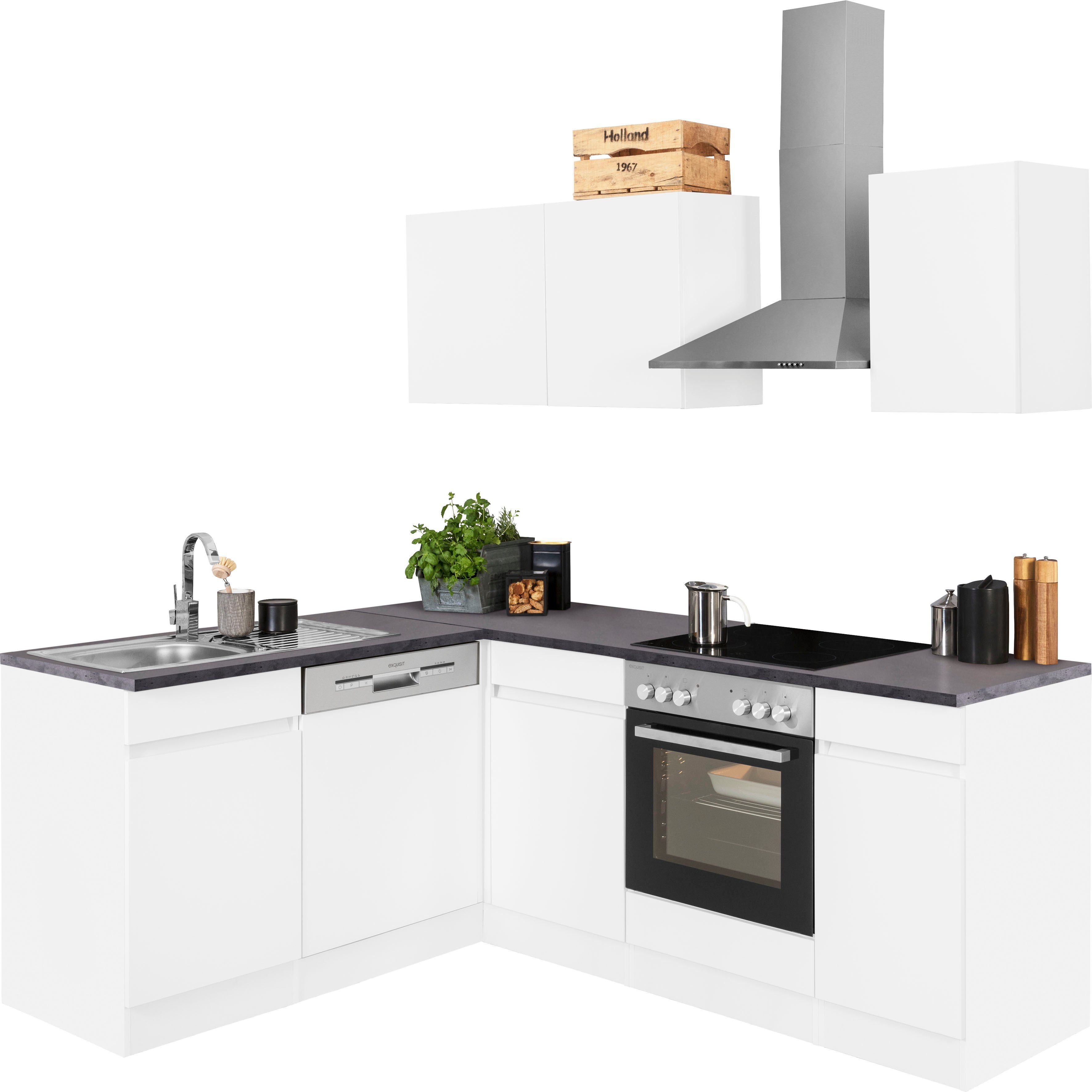 OPTIFIT Winkelküche Roth, mit E-Geräten, Stellbreite 210 x 175 cm weiß/weiß-anthrazit | weiß