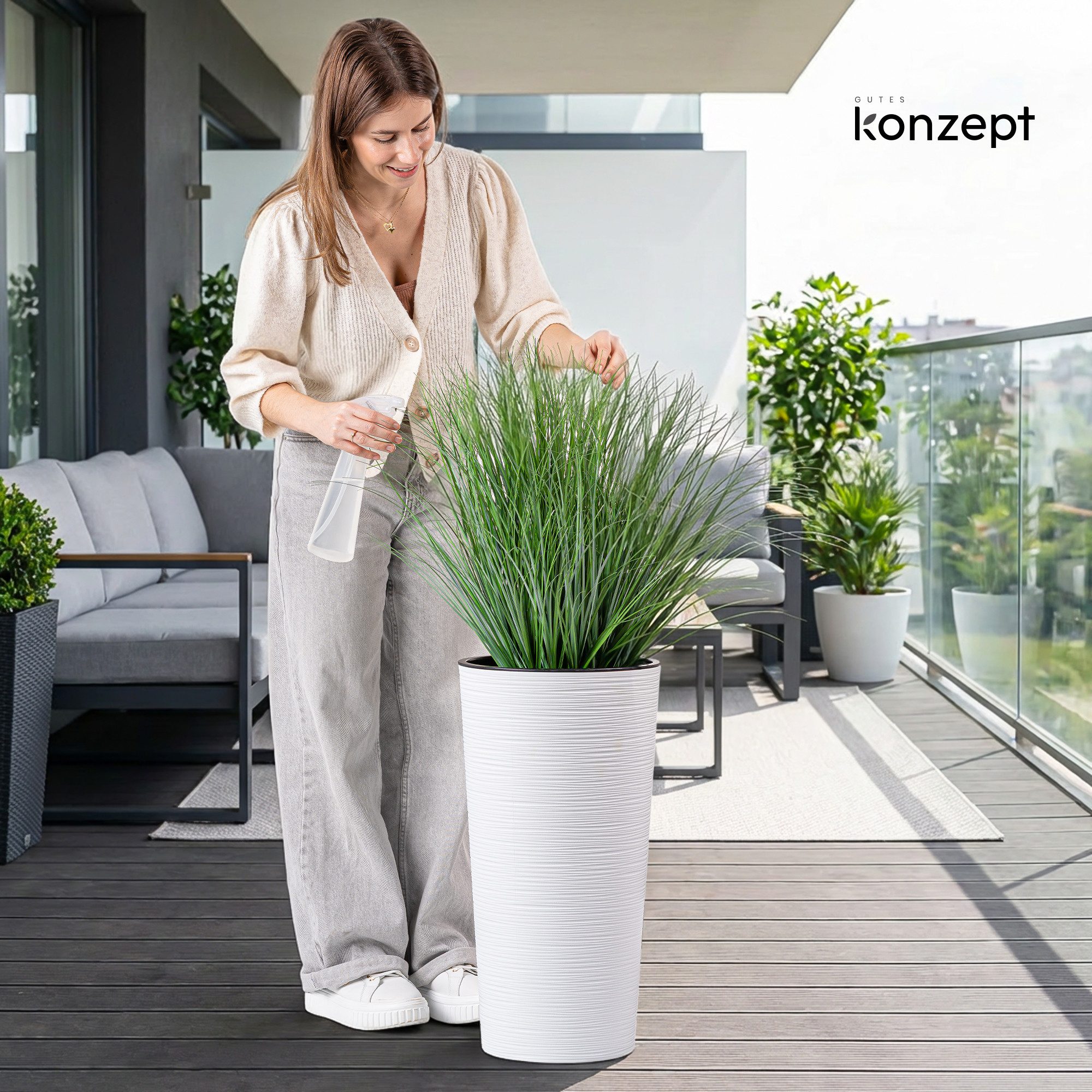KONZEPT Blumentopf hoch 57 cm aus Kunststoff mit Einsatz, Ø 29,5 cm, Meißel-Optik, Meißel-Optik, Volumen: 12,5 L
