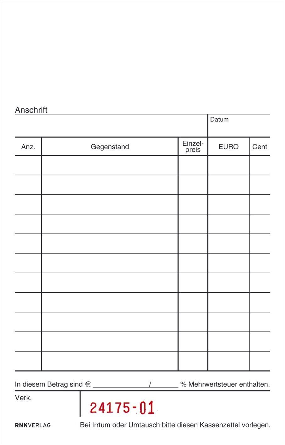 RNK Verlag Formularblock RNK Verlag Kassenblock, 96 x 167 mm, 2 x 50 Blatt