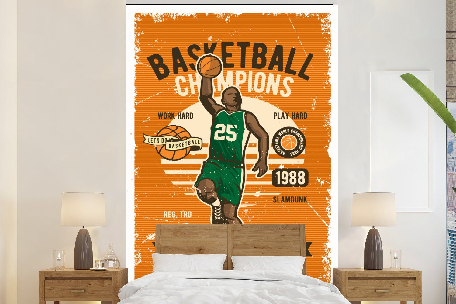 MuchoWow Fototapete Mancave - Basketball - Sport - Retro, Matt, bedruckt, (3 St), Montagefertig Vinyl Tapete für Wohnzimmer, Wandtapete