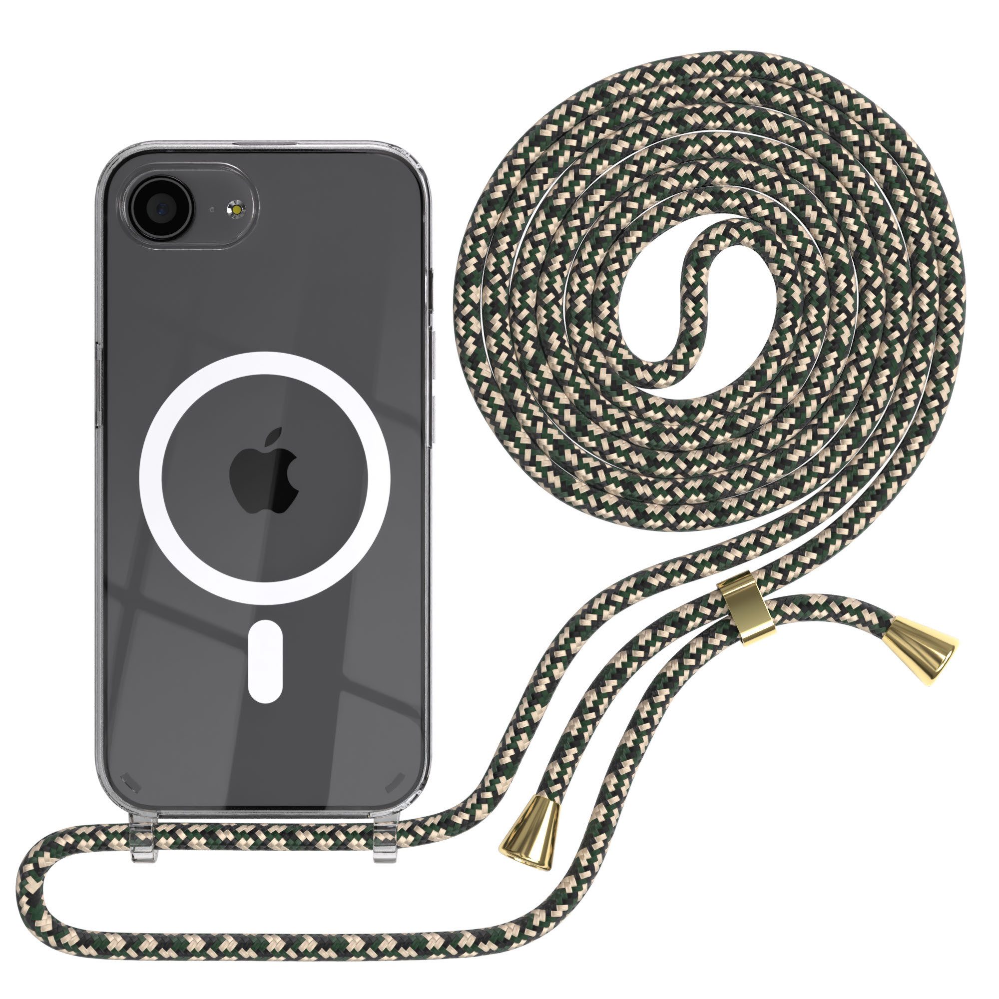 EAZY CASE Handykette mit Magsafe Hülle für Apple iPhone 17e 6,1 Zoll, Umhängeband mit Backcover Etui Schutzhülle Hülle Case Camouflage Grün