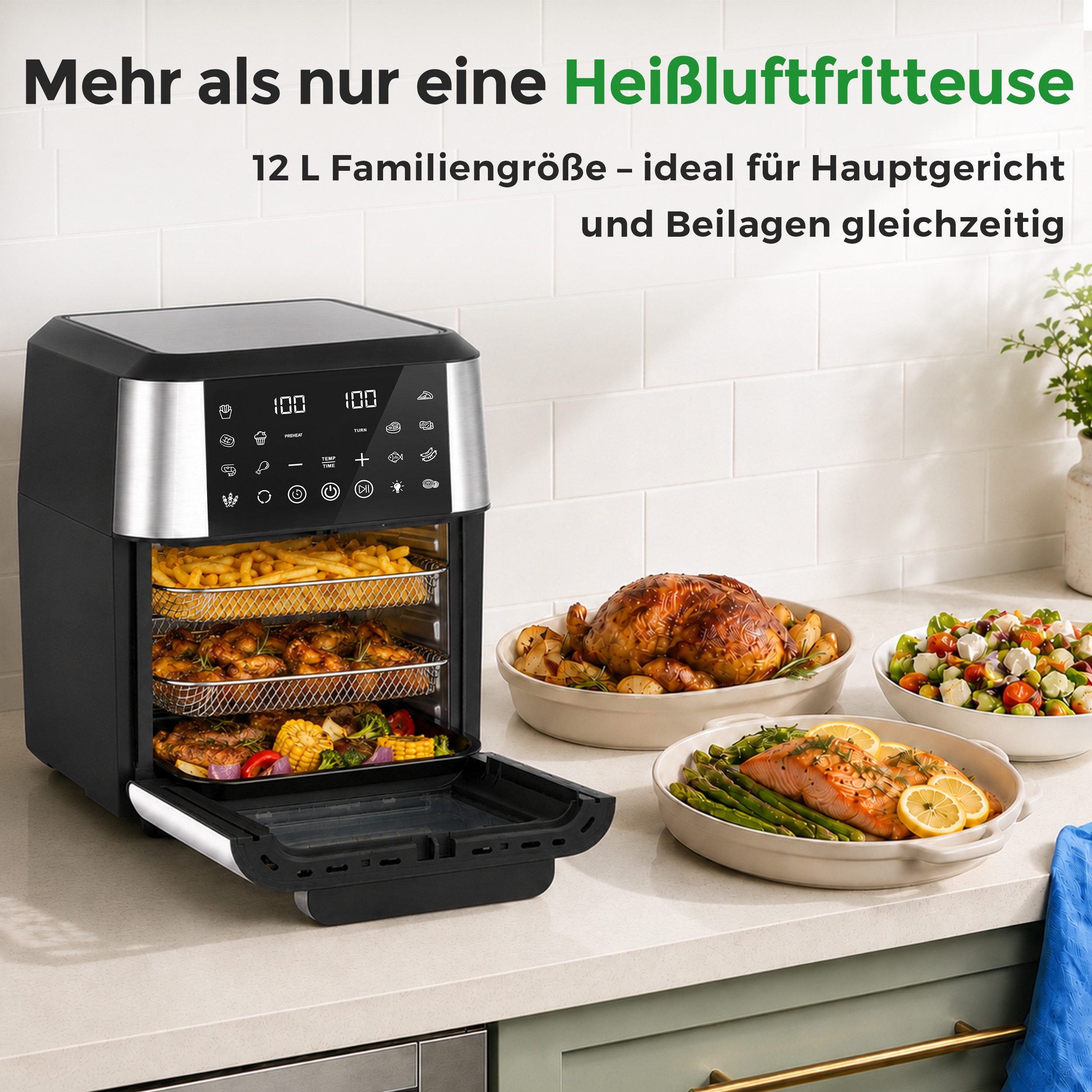 Sinaopus Heißluftfritteuse 12 L XXL Airfryer mit 12 Programmen, Sichtfenster, Touchdisplay und Minibackofen-Funktion, 2000,00 W, Fettarm frittieren, backen, gri – Bild 4 von 5
