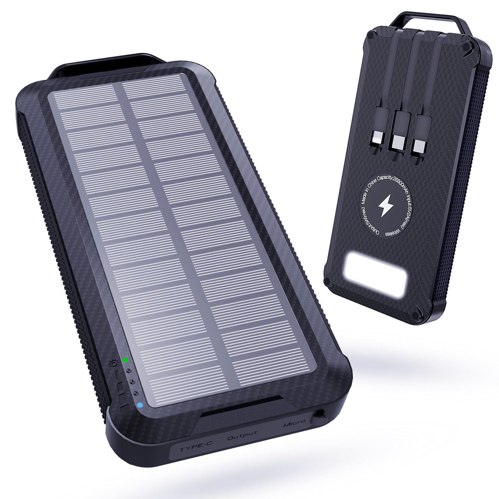 iceagle Solar Powerbank Wireless Solar Ladegerät mit LED-Licht, 4 Outputs Powerbank 26800 mAh