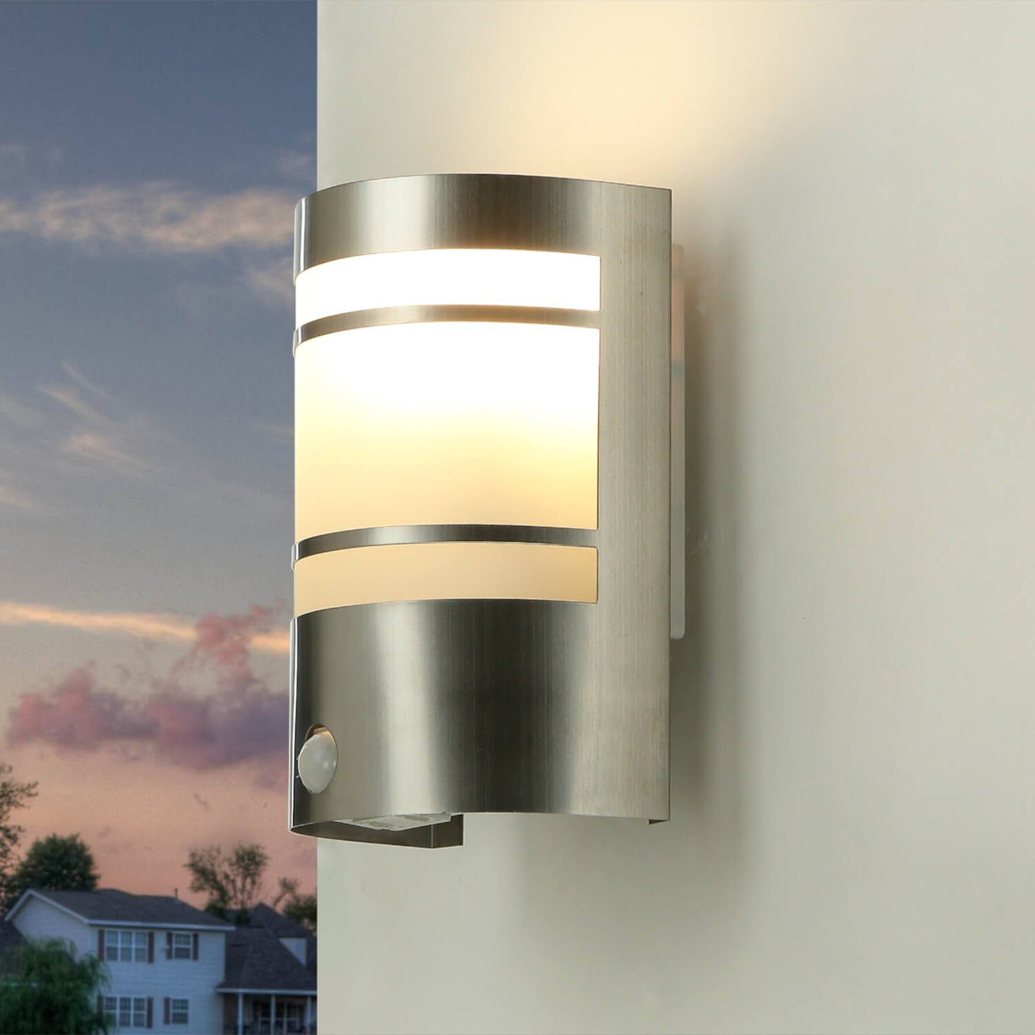 Haus Tür Wandlampe Licht-Erlebnisse Edelstahl Außen OSLO, Bewegungsmelder Eingang mit Außen-Wandleuchte Leuchtmittel, ohne