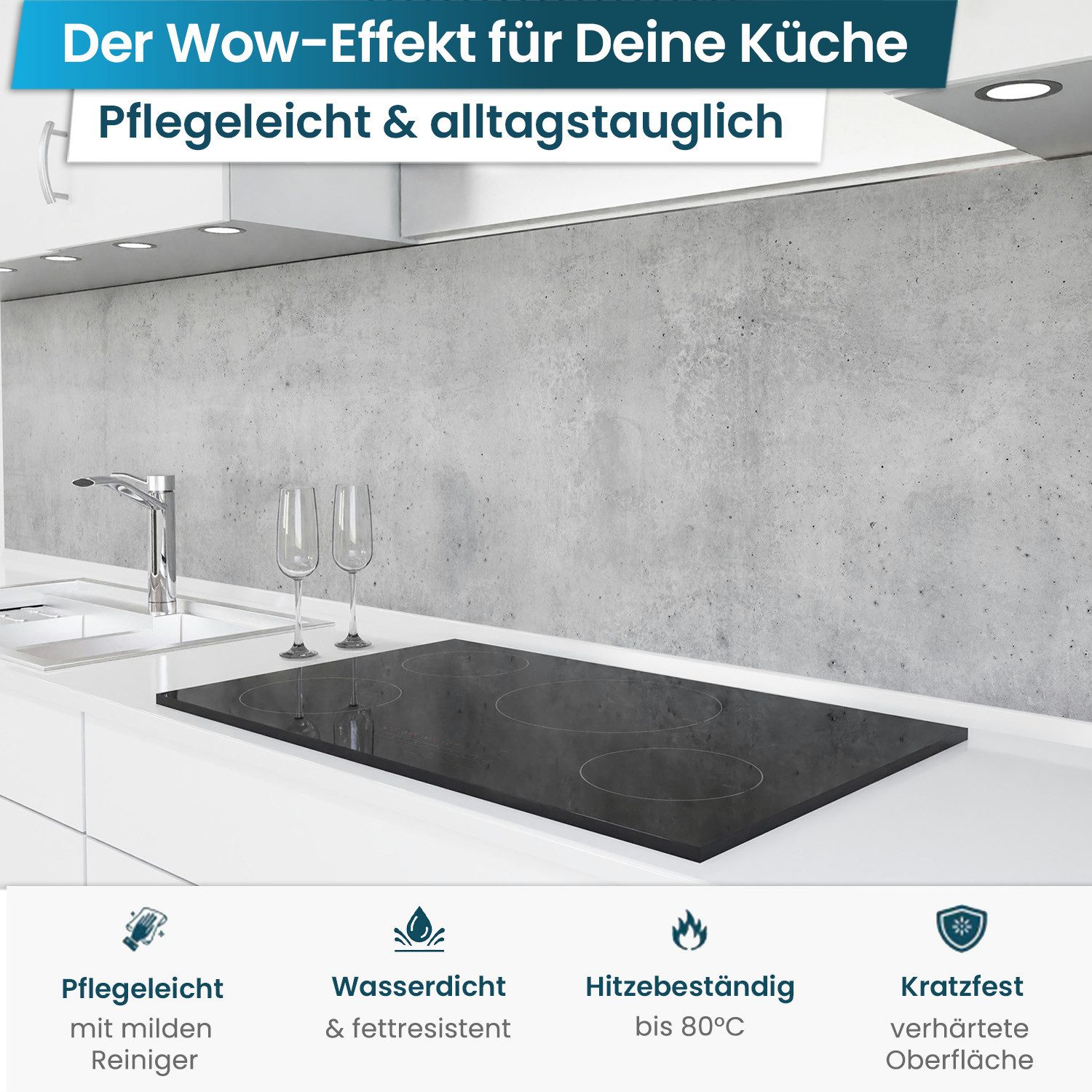 danario Küchenrückwand Folie selbstklebend - Matt - Spritzschutz Küche - versteift & robust