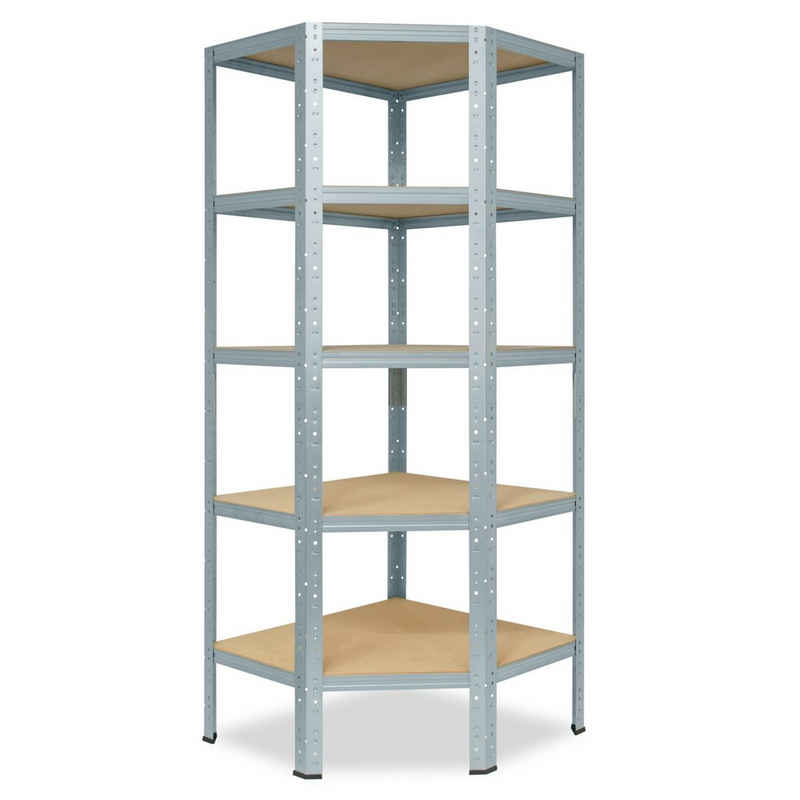 shelfplaza Eckregal HOME, 180x80x50cm verzinkt, Metall Eckregal stehend mit 5 Böden, Corner Shelf 175kg Tragkraft Schwerlastregal Ecke, Steckregal verzinkt Eckregal Keller Garagen Regal