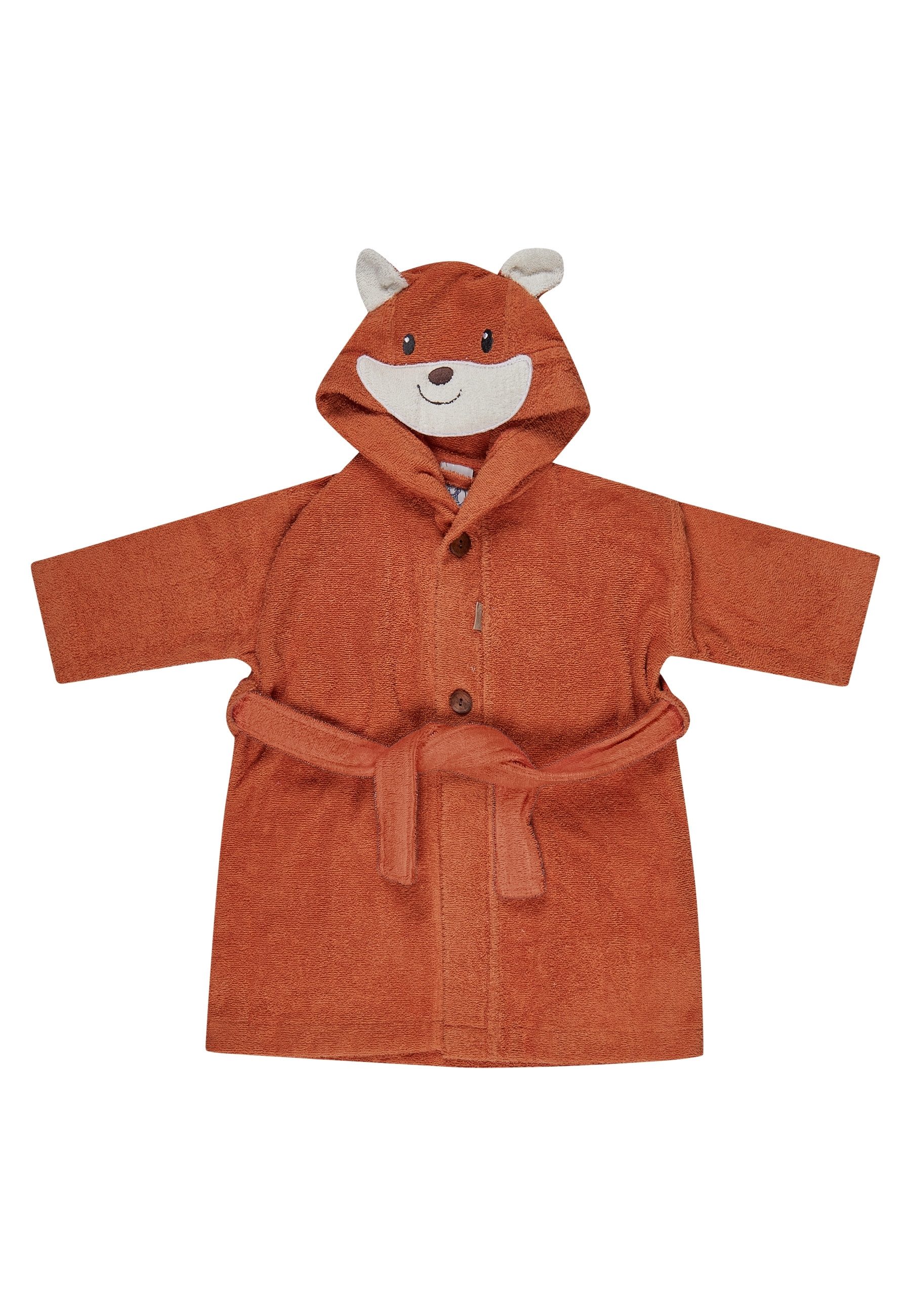Sterntaler® Babybademantel Sterntaler® Bademantel Fuchs Filou, lange Arme, 100 % Baumwolle, aus saugfähiger Baumwolle, kuschelweiche Frotteequalität, mit Kapuze und Gürtel, 3D Elemente an der Kapuze, edle Holzknöpfe, Knöpfe