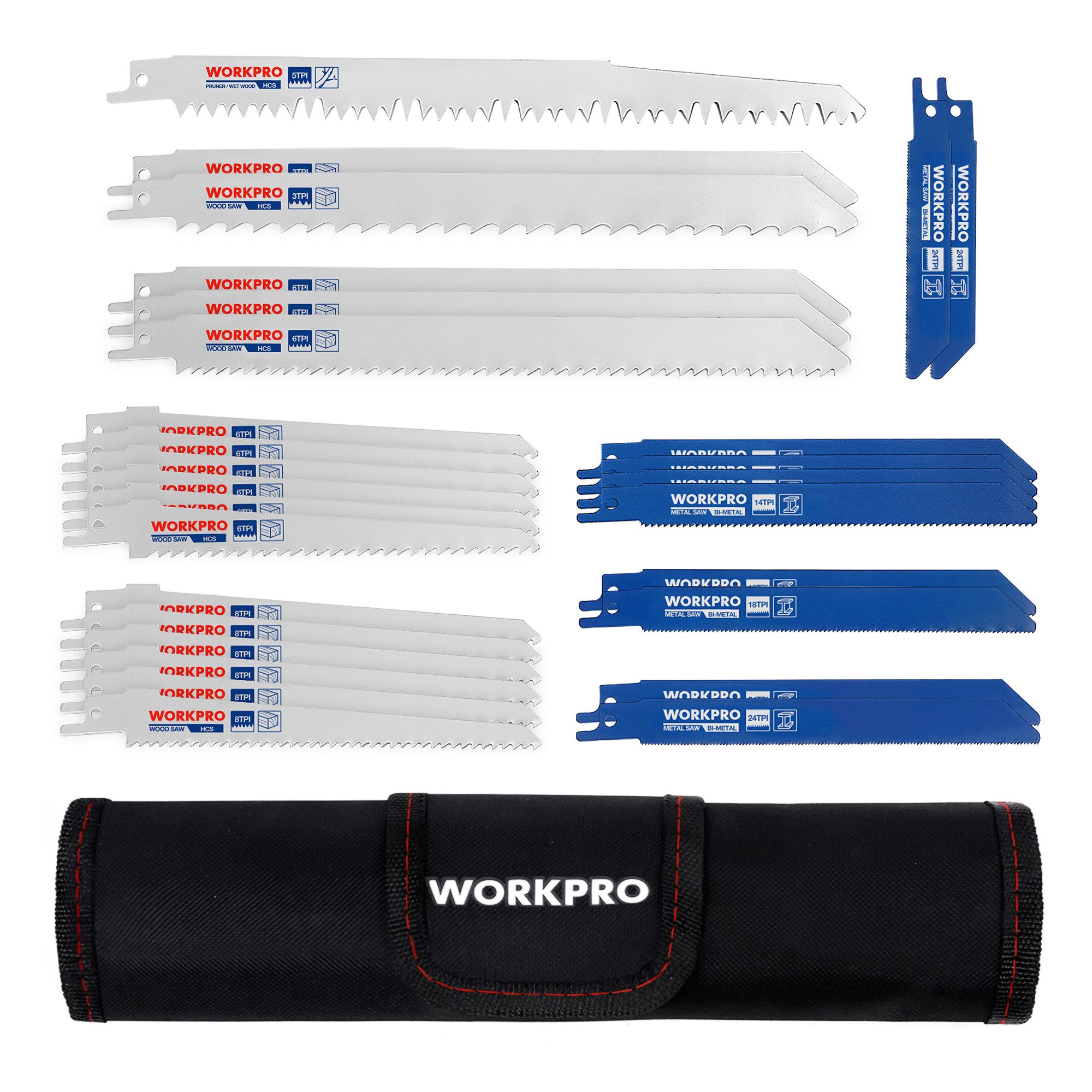 WorkPro Sägeblatt Set, 32-teilige Säbelsägeblätter mit Handtasche (32-St), für Holz & Metall & Kunststoff, Kompatibel mit gängigen Sägen