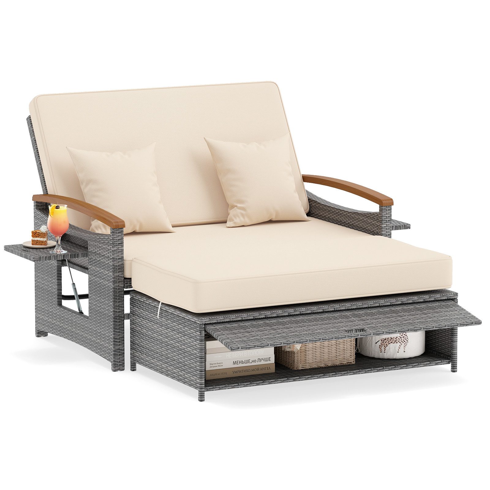 COSTWAY Loungebett outdoor, Rattan, 2-Personen, Gartenliege mit verstellbarer Rückenlehne