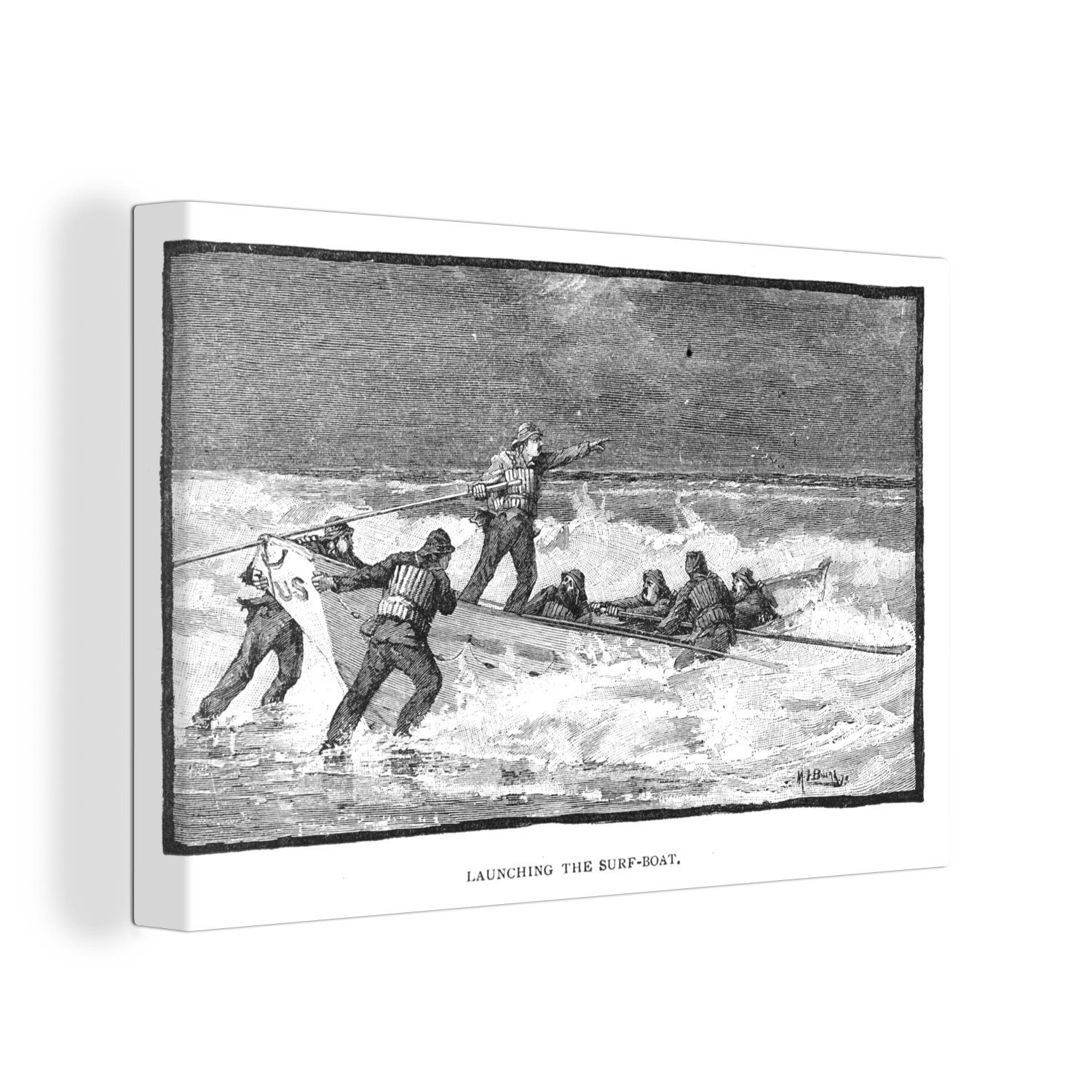 OneMillionCanvasses® Leinwandbild Schwarz-Weiß-Illustration von Menschen in und um ein Boot, (1 St), Wandbild Leinwandbilder, Aufhängefertig, Wanddeko, 30x20 cm