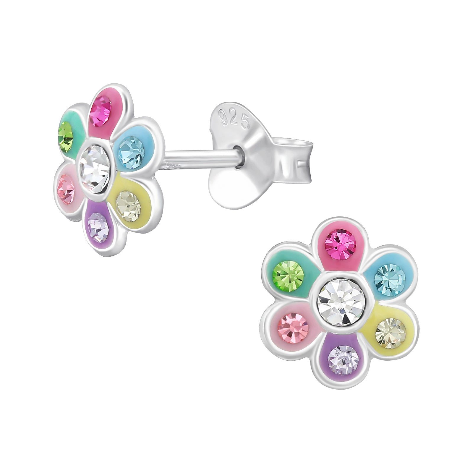 schmuck23 Ohrstecker-Set Ohrringe bunte Blume 925 Silber Kinder Mädchen (Geschenkset), für sicheren und sanften Halt mit 2 x Silikonverschluß zusätzlich