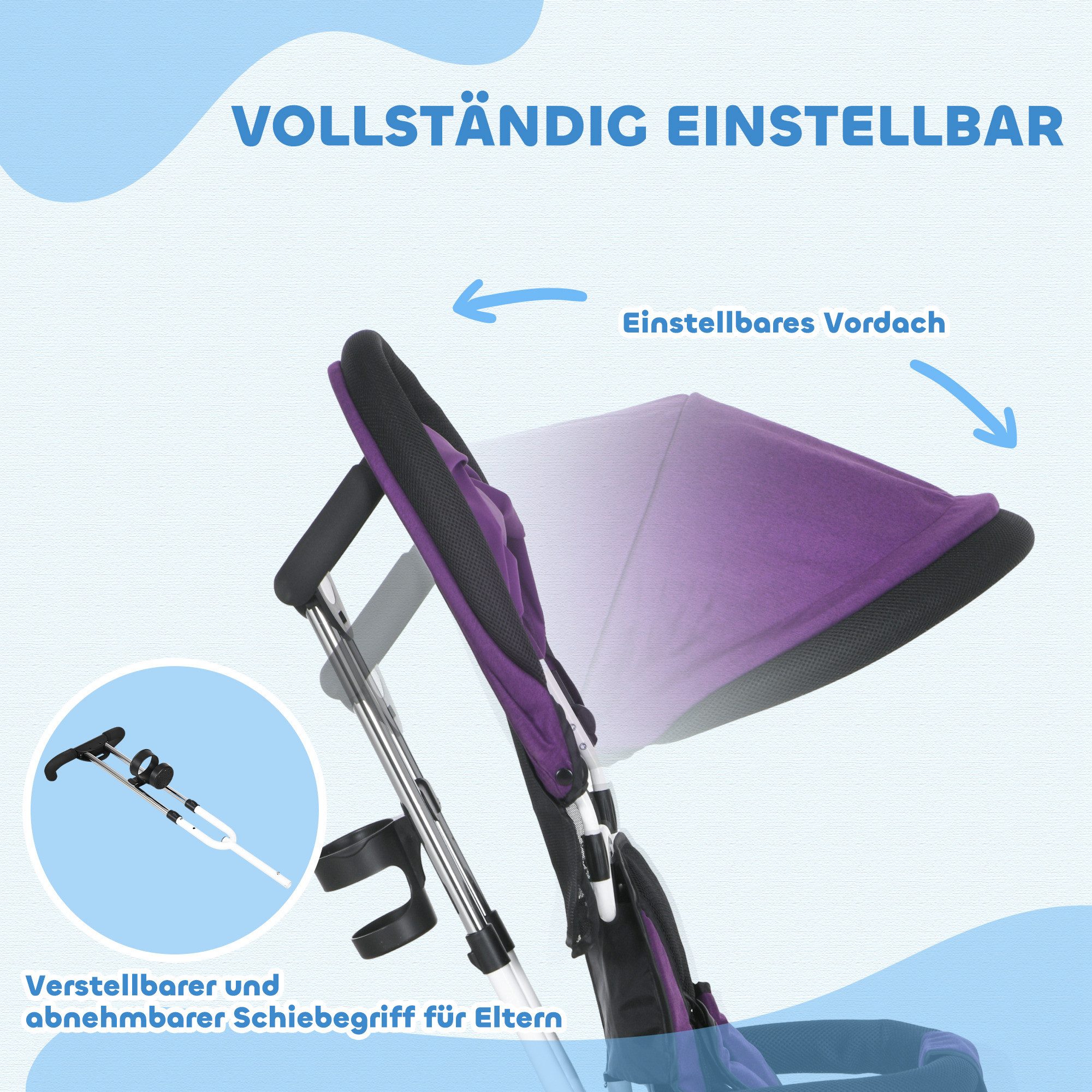 HOMCOM Dreirad 6-in-1 Schubstange, Kinder bis 25kg, Vorwärts und Rückwärtsfahrt, für 12-60 Monate, Violett – Bild 5 von 5