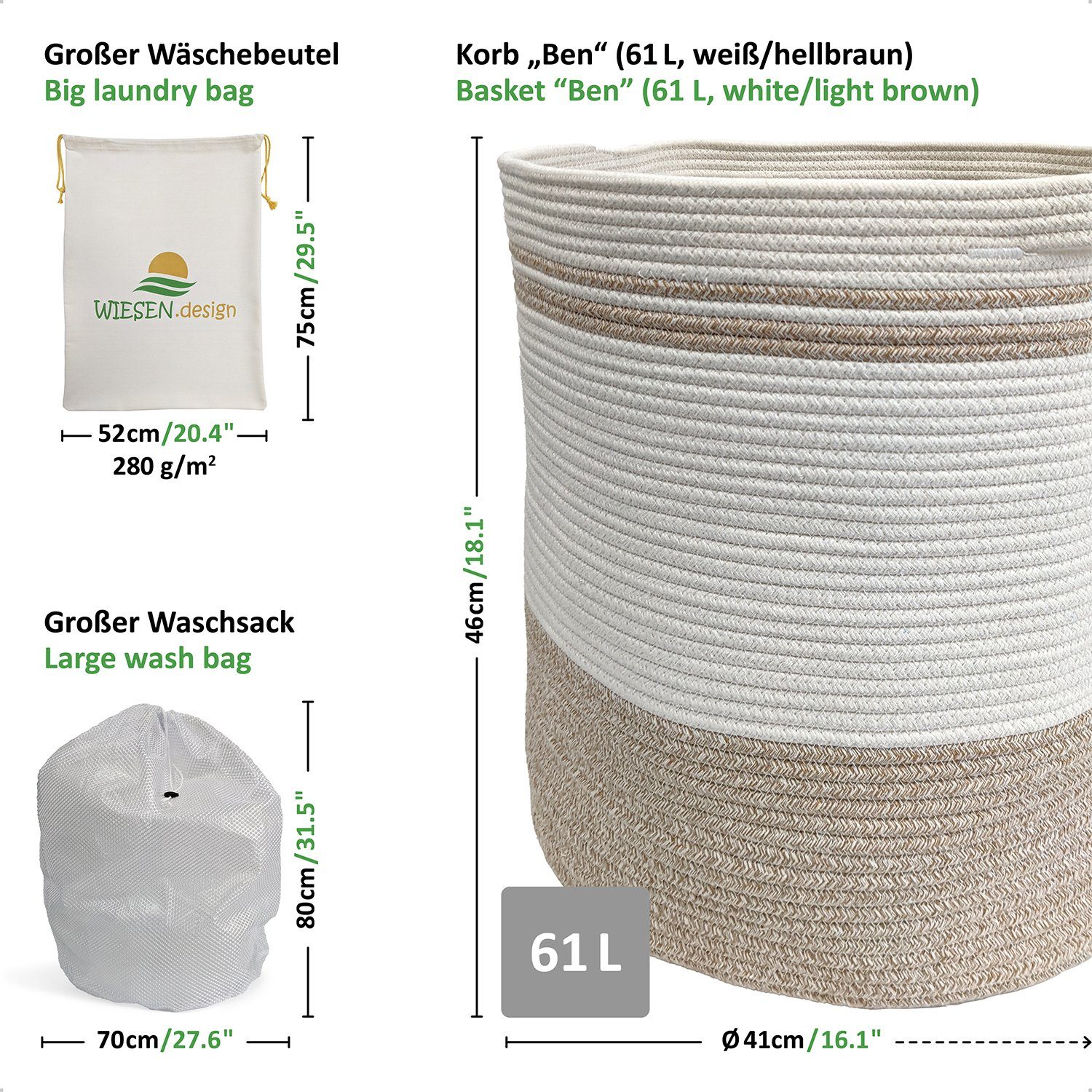 WIESEN.design Wäschekorb Ben Ø41xH46 cm 61L, 100% Baumwolle, Aufbewahrungskorb geflochten, inkl. großem Waschsack und schwerem Wäschesack, gratis Versand – Bild 2 von 5