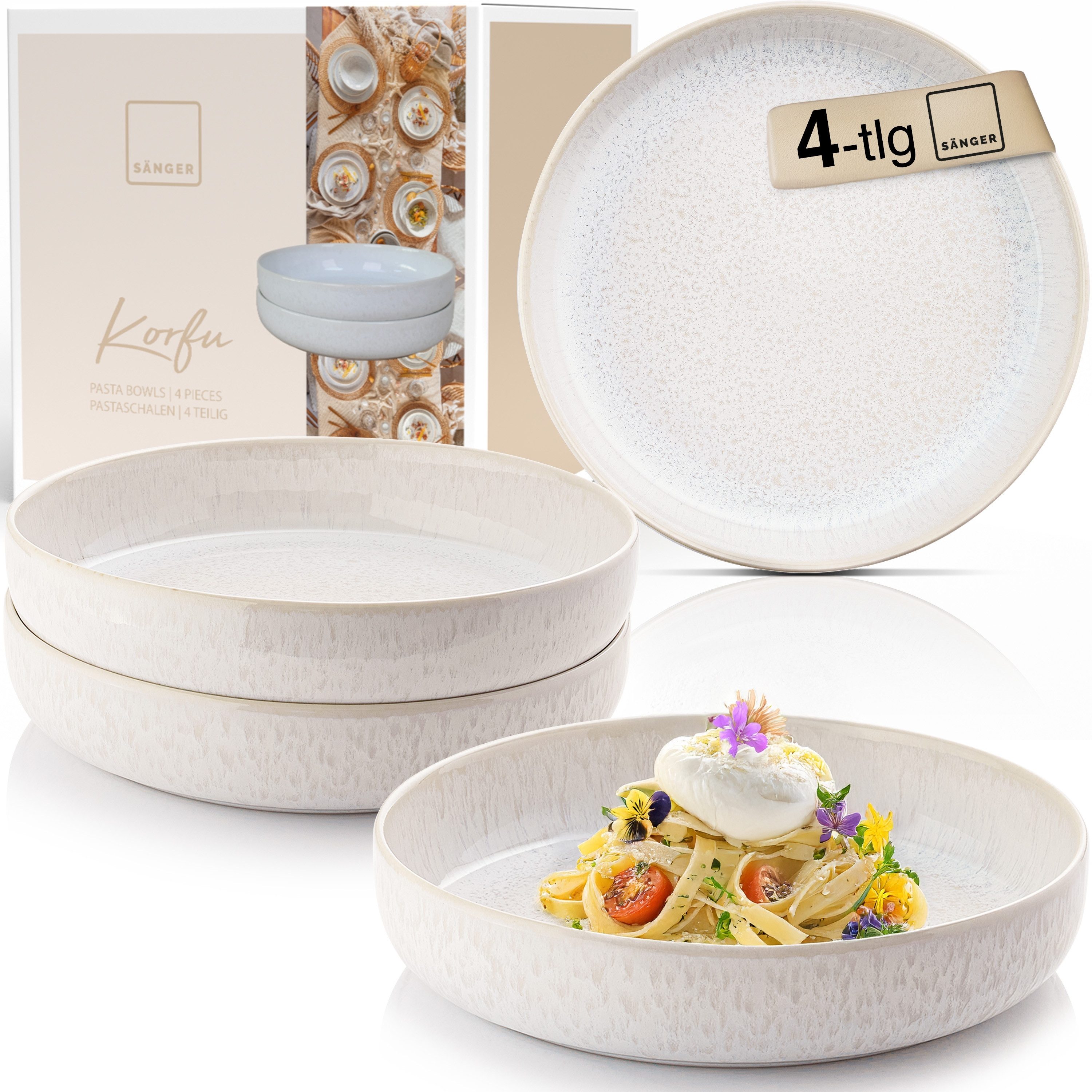 SÄNGER Tafelservice Korfu Geschirrset (4-tlg), 4 Personen, Steingut, Pastaschalen, Creme Beige, Handmade, Premium Collection