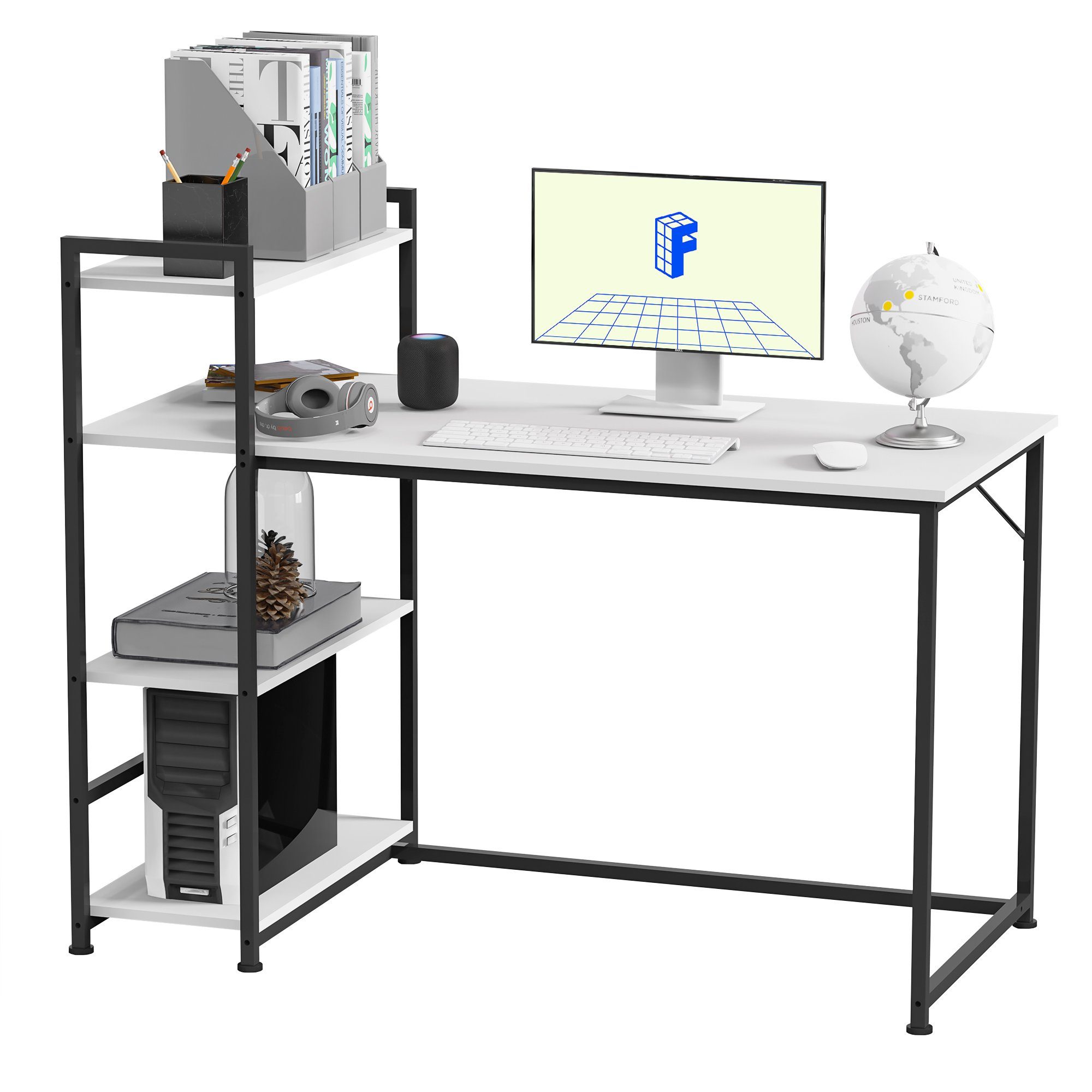 FLEXISPOT Schreibtisch Basic Plus F5 (Home Office PC-Tisch), 4 Tier Lagerregalen, Schreibtisch mit Bücherregal Weiß