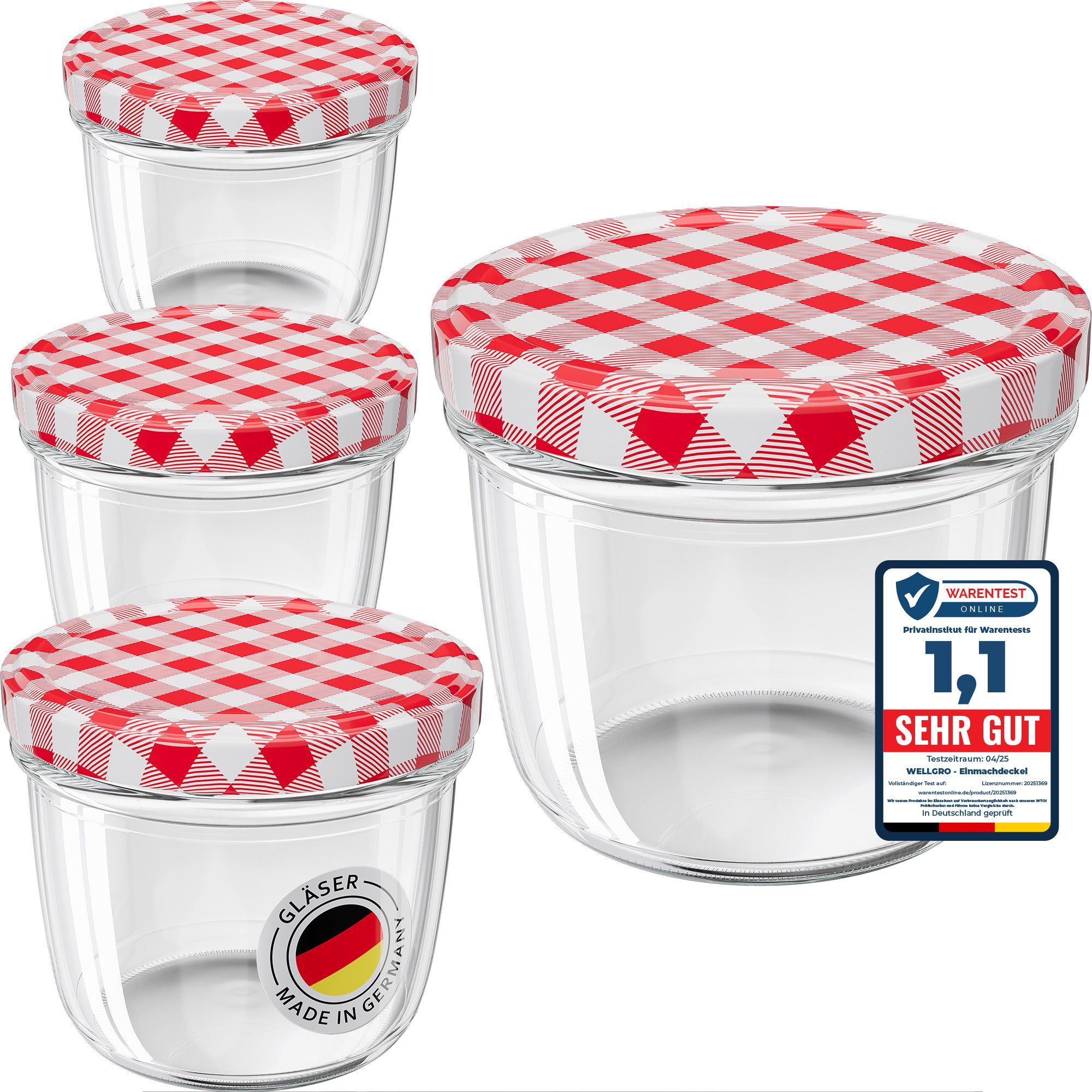 Wellgro Vorratsglas Einmachgläser Schraubdeckel rot kariert - 230 ml, (6-tlg) von Wellgro
