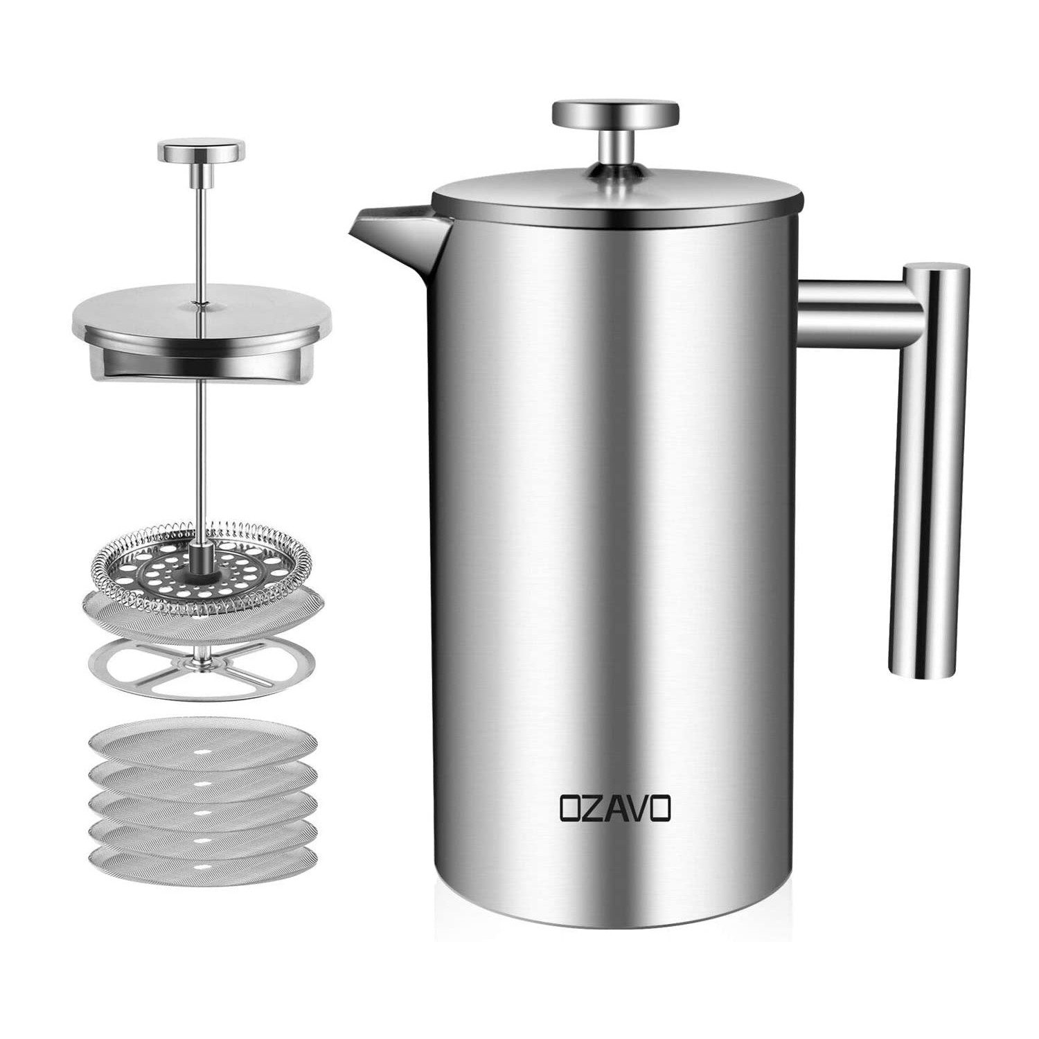 OZAVO Kaffeebereiter Edelstahl Kaffeebereiter doppelwandig mit 5 Edelstahl-Filtern Φ9,5cm, French Press Kanne 1L, Stempelkanne Kaffeepresse für Camping & Büro