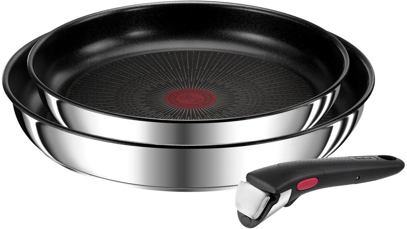 Tefal Pfannen-Set Ingenio Preference, Pfannenset abnehmbarer Griff, Antihaftversiegelung, Edelstahl (Set, 3-tlg., 2x Pfannen Ø 24/28 cm, 1x abnehmbarer Griff, Made in France), stapelbar, platzsparend, einfache Reinigung, Induktion, L97394