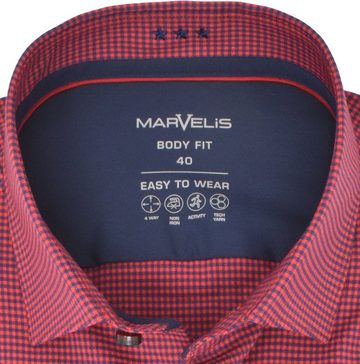 MARVELIS Businesshemd Easy To Wear Hemd - Body Fit - Langarm - Kariert - Rot 4-Wege-Stretch