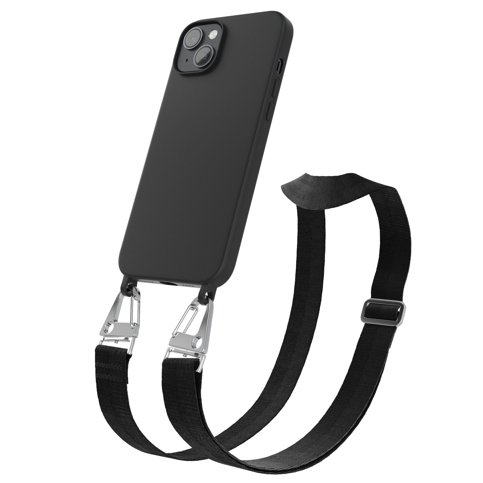 EAZY CASE Handykette Karabiner Breitband für Apple iPhone 14 Plus 6,7 Zoll, Schutzhülle zum Umhängen Handyhülle Umhängeband Matt Schwarz Silber