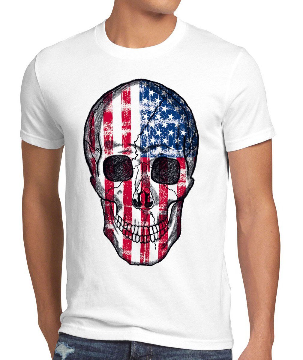 style3 Print-Shirt Herren T-Shirt USA Skull Totenkopf stars stripes flagge amerika knochen rocker weiß