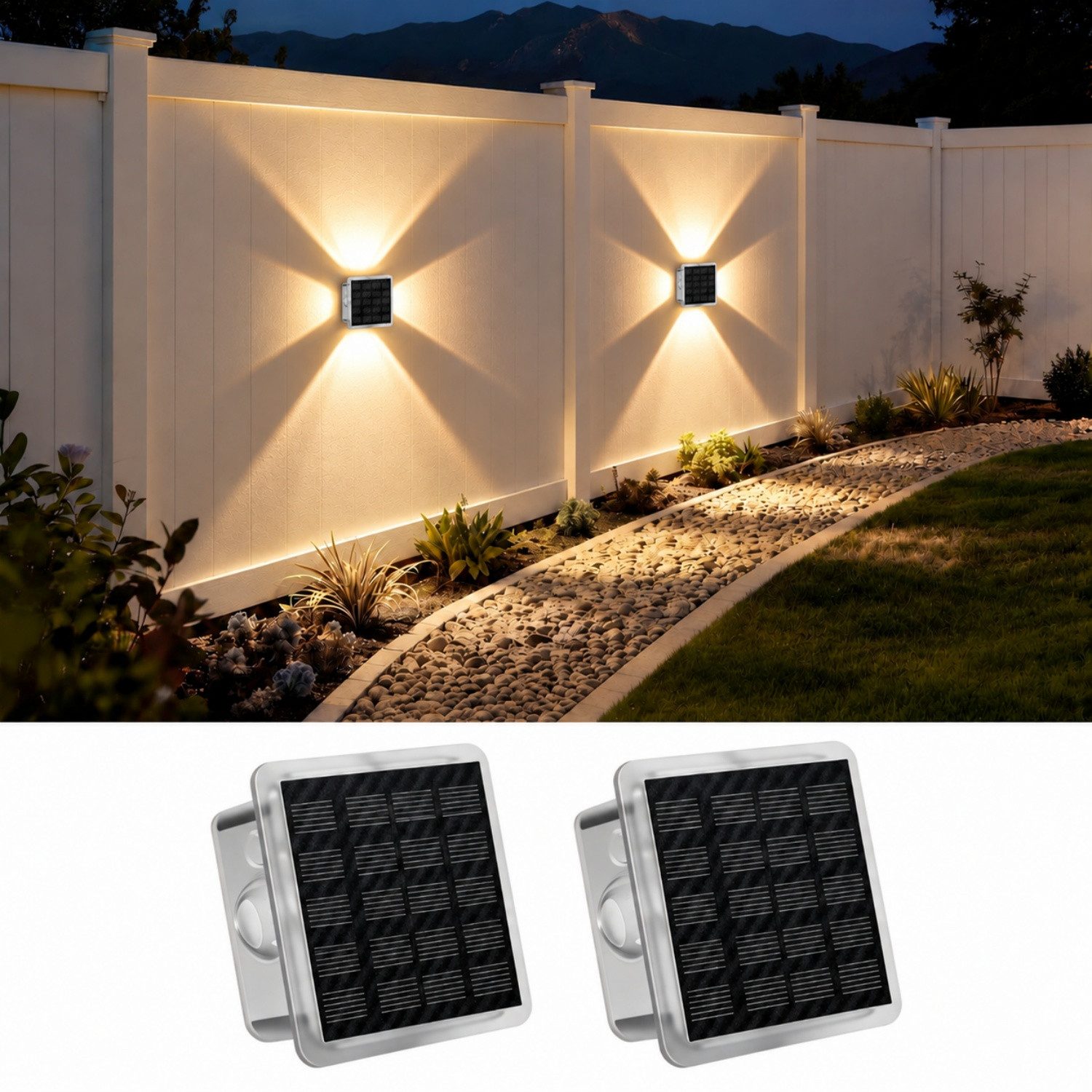 ibettertec LED Außen-Wandleuchte Solar nfür, Up and Down Solarlampen für Außen Wand, 2/4 Stück, IP66 Wasserdicht, 4 LEDs, 9 Farbmodi Solarleuchten für Garten Hof Terrassen Balkone Veranden