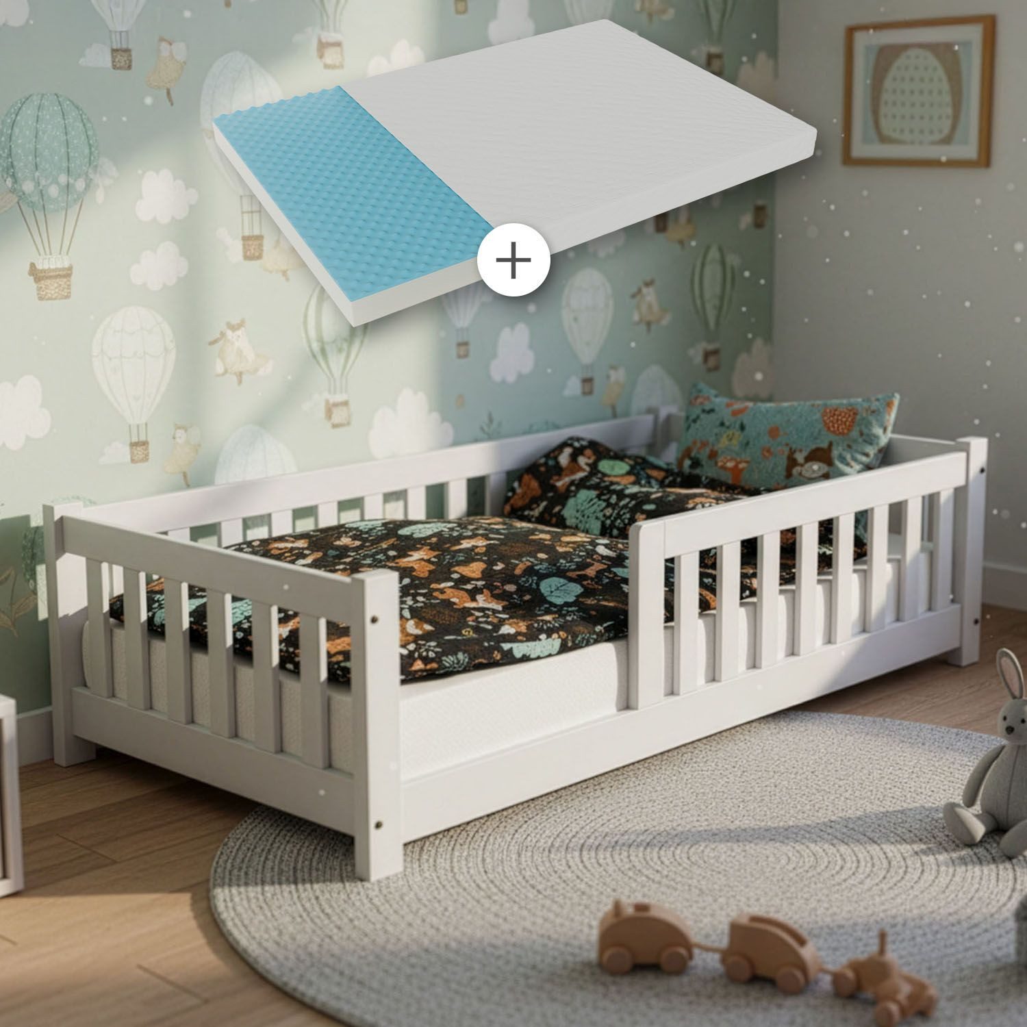 Juskys Kinderbett Naya, 90x200 cm Bodenbett, Holz, mit Matratze, Rausfallsc günstig online kaufen