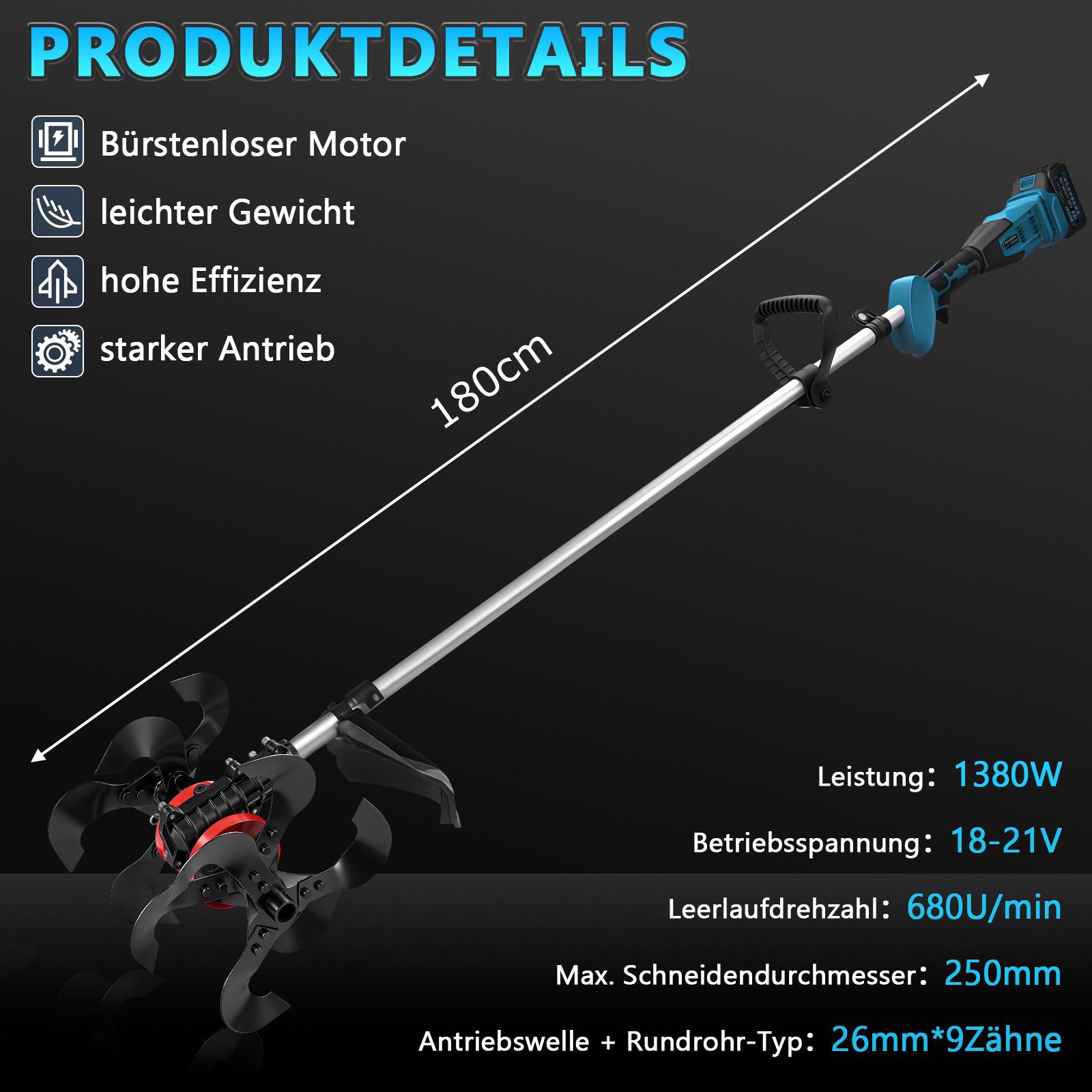XERSEK Akku-Motorhacke 2in1 Bodenhacke & Rasentrimmer, Gartenfräse Bodenfräse Freischneider, 19 Zubehörteile inkl.2-4,0Ah-Akku, Bürstenloser Motor, Schmiernippel, Abnehmbare Multifunktionale Bodenhacke, Kompatibel mit Makita Akku