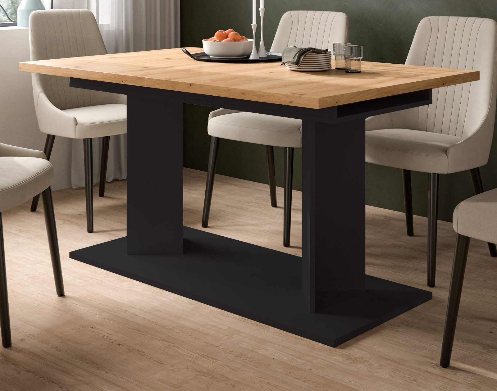 Inn.Furn Säulen-Esstisch Anton (Küchentisch in Eiche Artisan mit Schwarz, 2-fach ausziehbar 140 - 180 - 220 cm), flexibel verlängerbar von 4 bis zu 10 Personen