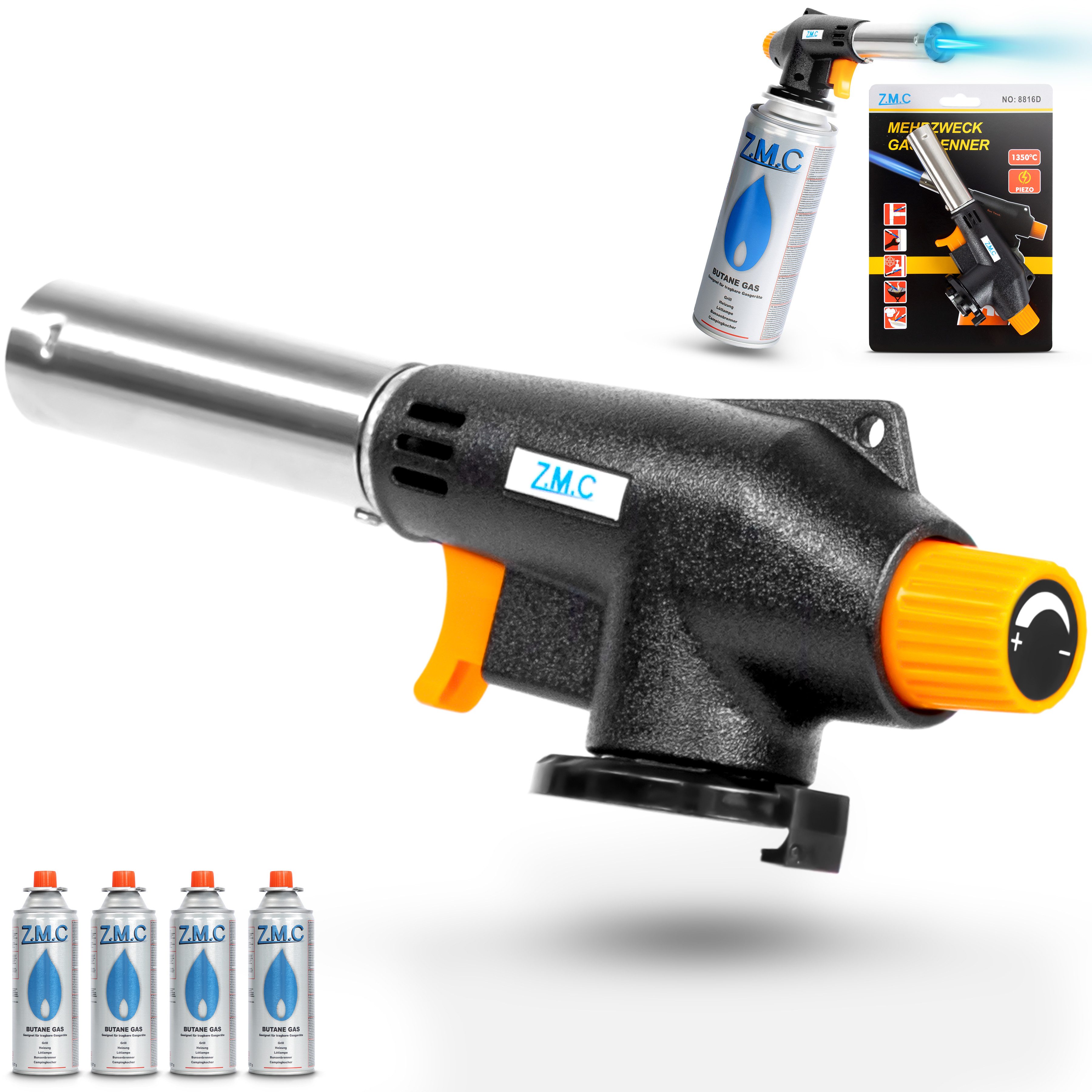 ZMC Flambierbrenner Gasbrenner Gasanzünder Lötbrenner mit Piezozündung + Gaskartuschen, (Temperatur von bis zu 1300 ° C, Einstellbare Flamme, Piezo-Zündung, Kohleanzünder Flambierbrenner Butangasbrenner, 4-tlg), Brenneraufsatz Gasbrenner Flambiergerät Lötbrenner Gasanzünder