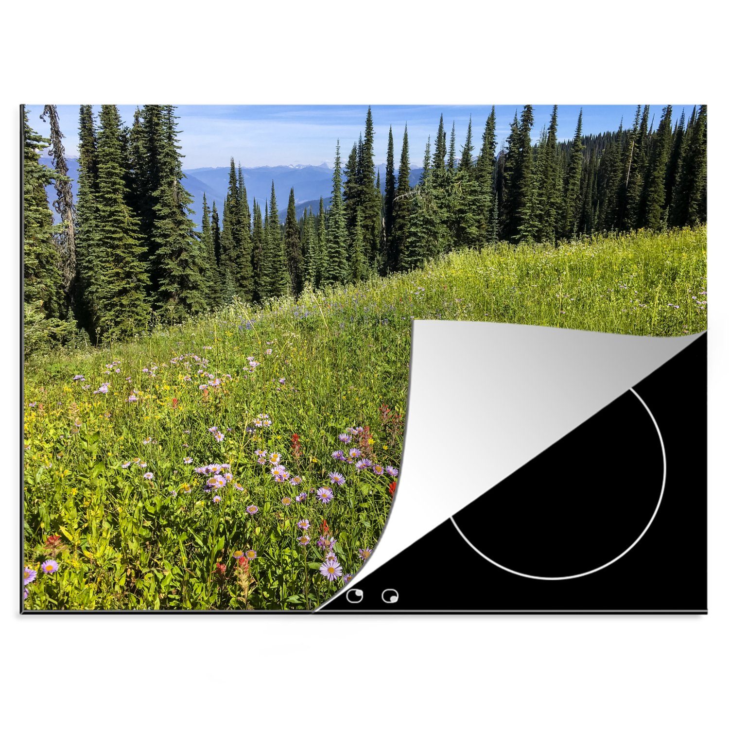 MuchoWow Herdblende-/Abdeckplatte Wildblumen in einem Grasfeld im kanadischen Mount Revelstoke National, Vinyl, (1 tlg), 70x52 cm, Mobile Arbeitsfläche nutzbar, Ceranfeldabdeckung