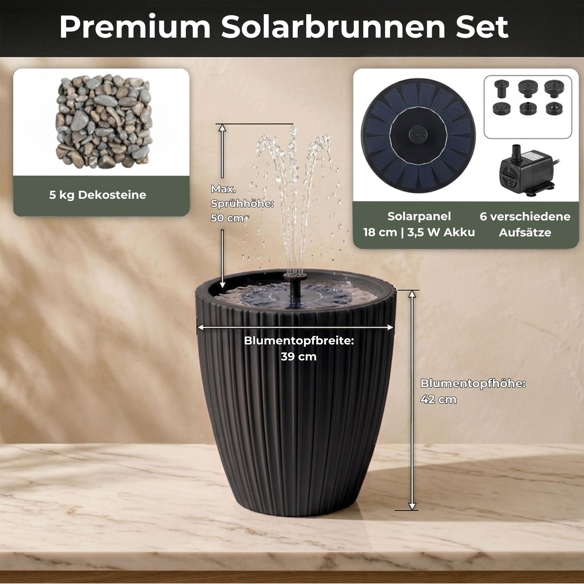 matches21 HOME & HOBBY Wasserspiel Solar LED Springbrunnen Premium Set mit Akku - anthrazit, Ø 39 x 42 cm, (1 tlg), Solarbrunnen als Garten und Balkon Zierbrunnen