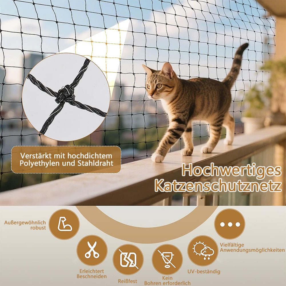 TUWENA Schutznetz Katzennetz für Balkon, Biss-und Reißfestes Balkonnetz, UV-beständig, Katzennetz Drahtverstärkt mit Befestigungsseil, Nägel, Kabelbinder – Bild 4 von 5