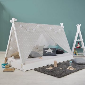 Homestyle4u Kinderbett mit Matratze Hausbett TIPI 90x200 Weiß Grau Bettkasten Vorhang Sterne