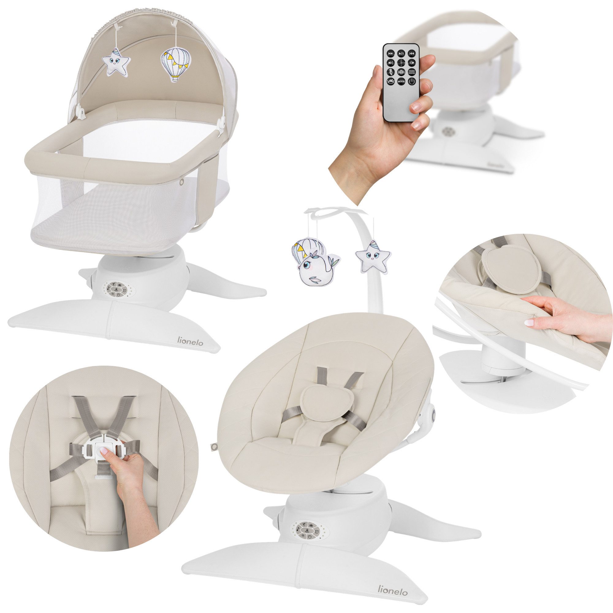 lionelo Babywippe VIVI SET, Bewegungssensor/3 Schaukelmodi/Bluetooth/360°-Drehung