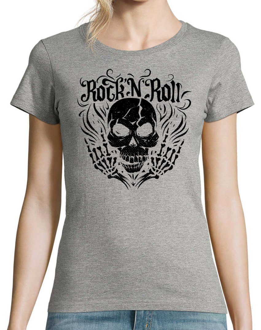 Shirt Grau Print Youth im and Rock Mit modischem Damen T-Shirt Designz Roll Fun-Look Skull